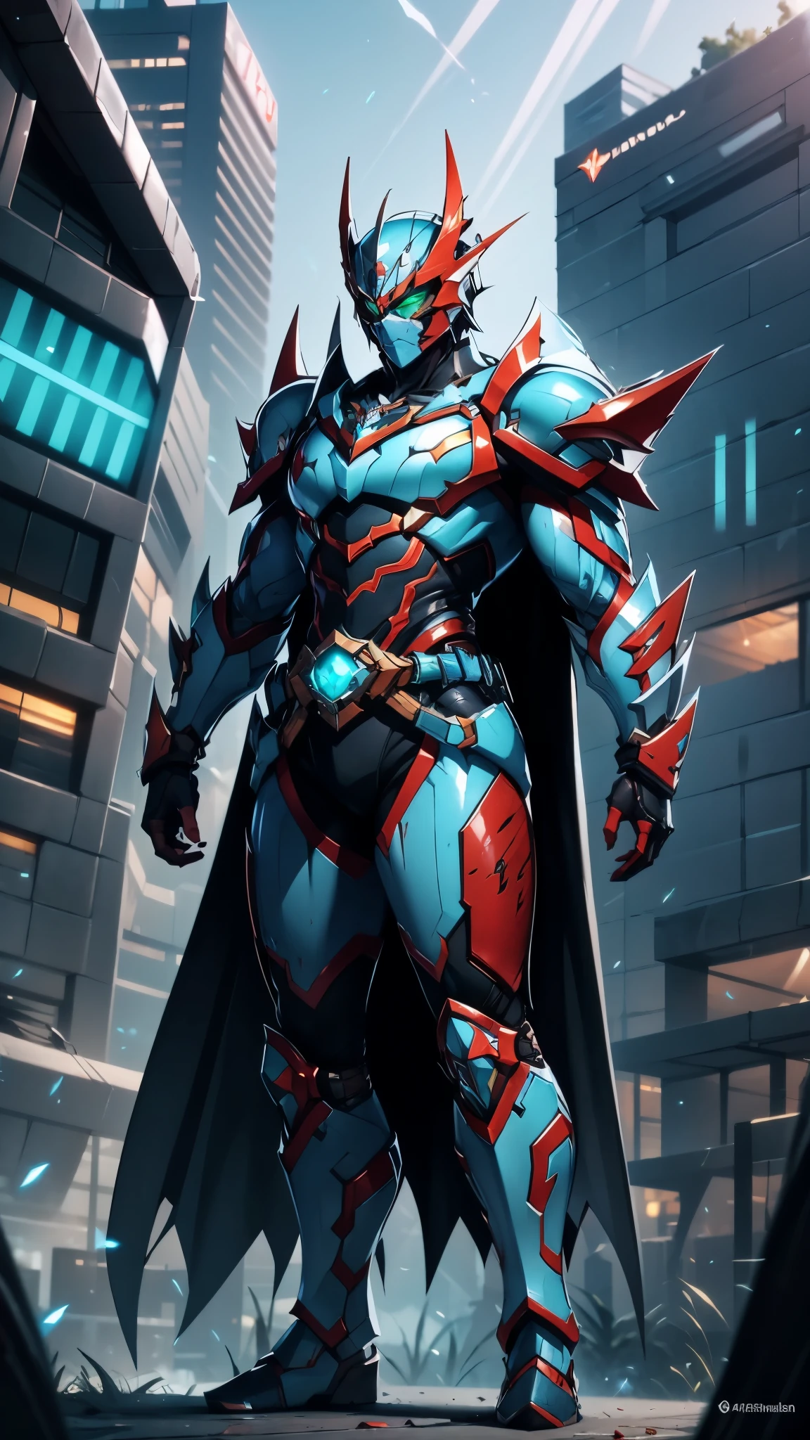 A man wearing a full-face helmet, a fantasy-style biotech armored combat suit, green eyes, (a composite layered chest armor), fully enclosed shoulder guards, matching arm and leg guards, the belt is adorned with fangs biting into gemstone, (the color scheme is primarily blue with black and red accents), the design balances heavy with agility, a high-tech bio-mecha armor, (Armor Concept Inspired by Vampire, the huge cape fluttering in the wind, stand on the top of a skyscraper in a futuristic sci-fi city), this character embodies a finely crafted fantasy-surreal style armored hero in anime style, exquisite and mature manga art style, (battle damage, element, blood, plasma, energy, the armor glows), ((male:1.5)), metallic, real texture material, dramatic, high definition, best quality, highres, ultra-detailed, ultra-fine painting, extremely delicate, professional, perfect body proportions, golden ratio, anatomically correct, symmetrical face, extremely detailed eyes and face, high quality eyes, creativity, RAW photo, UHD, 32k, Natural light, cinematic lighting, masterpiece-anatomy-perfect, masterpiece:1.5