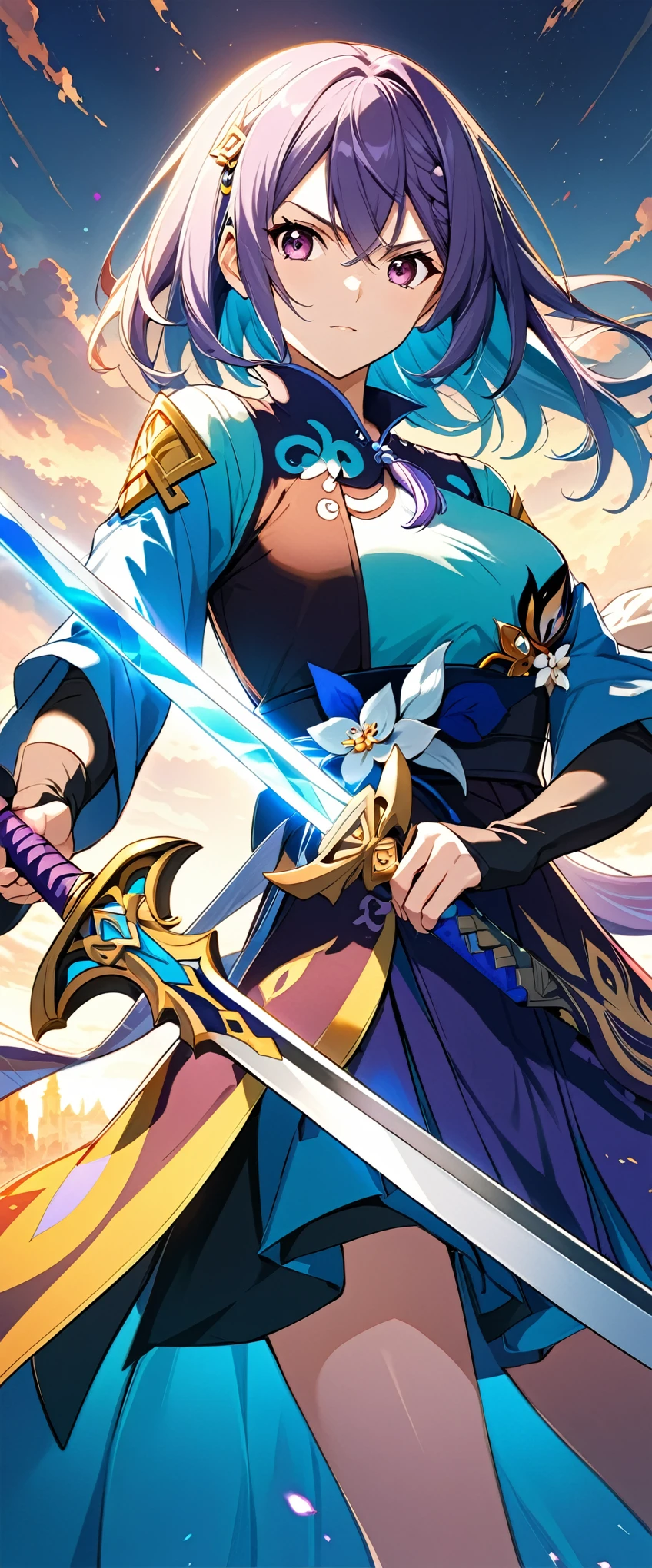 Anime girl with sword and colorful dress in the sky, 彼女はHolding a sword, With a sword on his shoulder, She has a long sword in her hand, With a big sword, Holding a sword, 長いHolding a sword, Keqing of Genshin Impact, 巨大なHolding a sword, Detailed Key Anime Art, holding a two - handed sword, Epic light novel art cover, Multiple Colors
