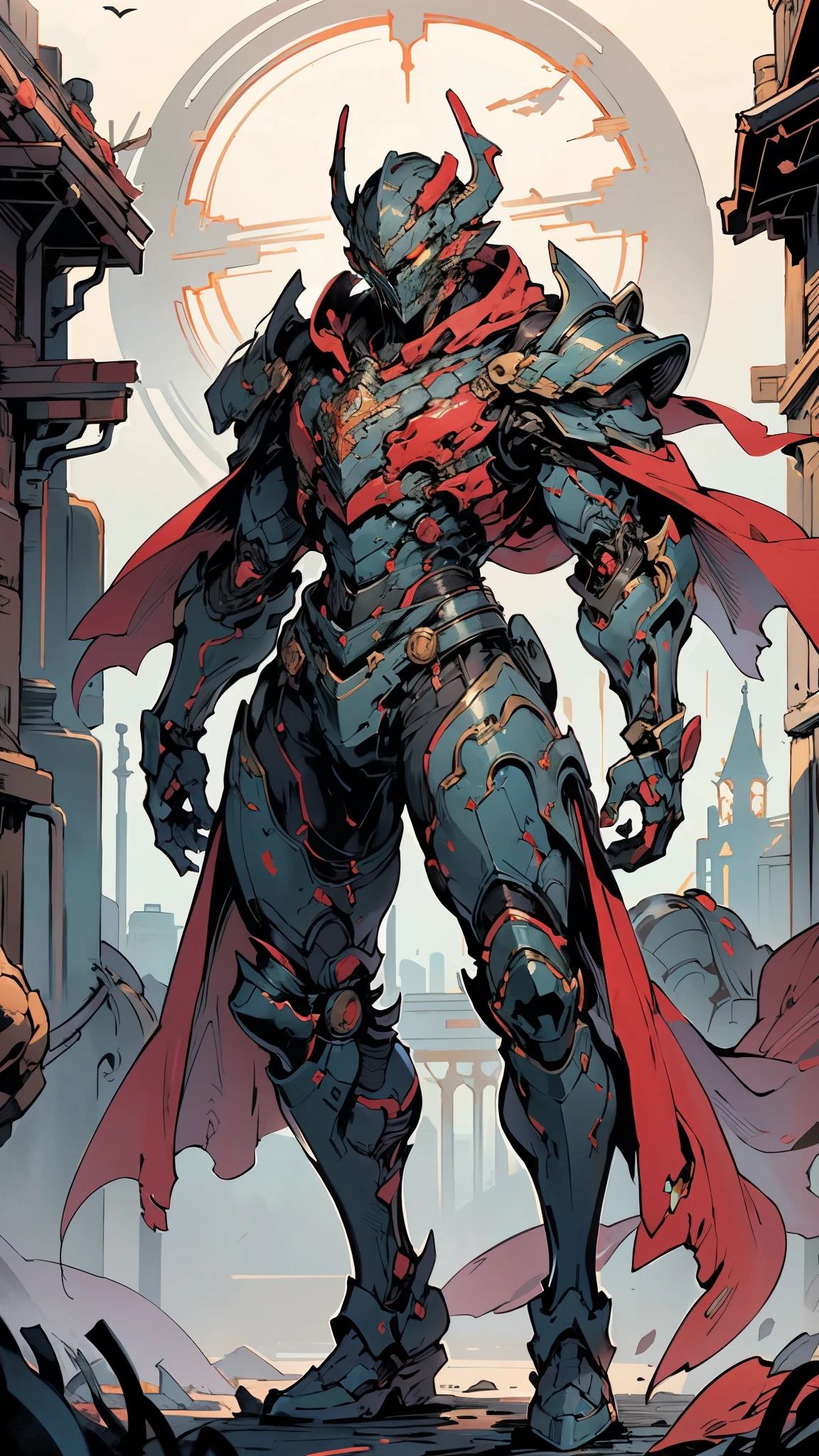 A man wearing a full-face helmet, a fantasy-style biotech armored combat suit, green eyes, (a composite layered chest armor), fully enclosed shoulder guards, matching arm and leg guards, the belt is adorned with fangs biting into gemstone, (the color scheme is primarily blue with black and red accents), the design balances heavy with agility, a high-tech bio-mecha armor, (Armor Concept Inspired by Vampire, the huge cape fluttering in the wind, stand on the top of a skyscraper in a futuristic sci-fi city), this character embodies a finely crafted fantasy-surreal style armored hero in anime style, exquisite and mature manga art style, (battle damage, element, blood, plasma, energy, the armor glows), ((male:1.5)), metallic, real texture material, dramatic, high definition, best quality, highres, ultra-detailed, ultra-fine painting, extremely delicate, professional, perfect body proportions, golden ratio, anatomically correct, symmetrical face, extremely detailed eyes and face, high quality eyes, creativity, RAW photo, UHD, 32k, Natural light, cinematic lighting, masterpiece-anatomy-perfect, masterpiece:1.5