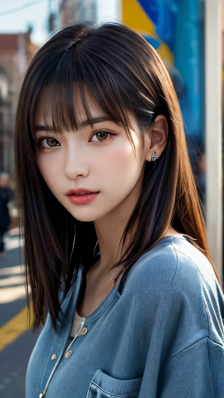 (hig彼st quality、8k、32k、masterpiece)、(Realistic)、(Realistic:1.2)、(High resolution)、((Random composition:1.6)), Very detailed、Very beautiful face and eyes、1 girl、Delicate body、(hig彼st quality、Attention to detail、Rich skin detail)、(hig彼st quality、8k、Oil paints:1.2)、Very detailed、(Realistic、Realistic:1.37)、Bright colors, (Casual Fashion:1.3), Blunt bangs,