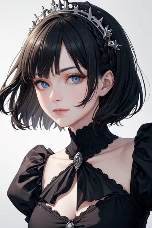 (masterpiece), (hyperrealistic),Pure face:1.3, Sexy face:1.1,Top quality:1.1, Fine face:1.1, Fine eyes:1.1, mature female,beautiful:1.1,1woman, Black Hair、Bobcut,(Gothic dress), black hair, 	(crown braid), dynamic lighting,dynamic angle ,intense angle,dynamic pose,White background、