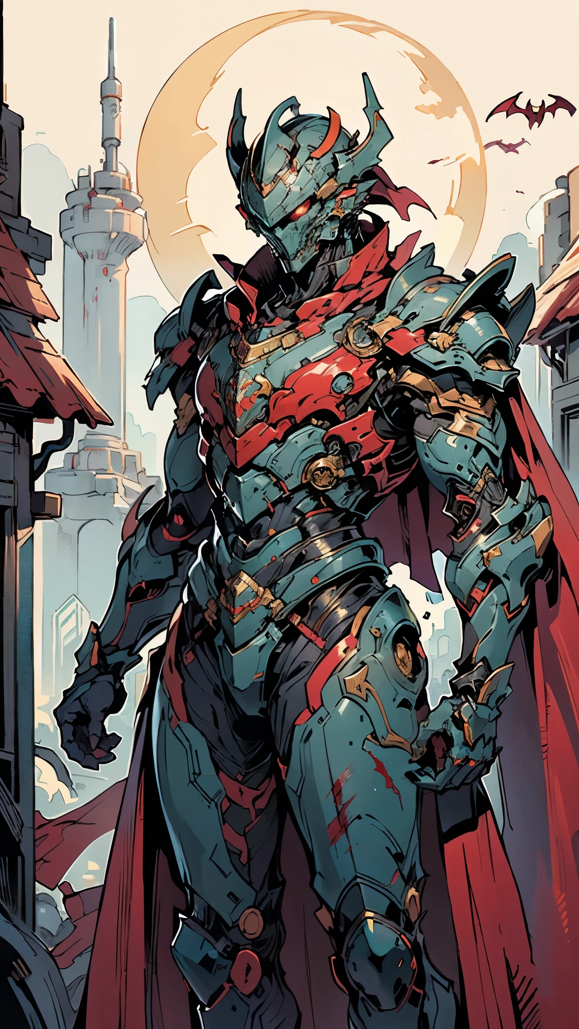 A man wearing a full-face helmet, a fantasy-style biotech armored combat suit, green eyes, (a composite layered chest armor), fully enclosed shoulder guards, matching arm and leg guards, the belt is adorned with fangs biting into gemstone, (the color scheme is primarily blue with black and red accents), the design balances heavy with agility, a high-tech bio-mecha armor, (Armor Concept Inspired by Vampire, the huge cape fluttering in the wind, stand on the top of a skyscraper in a futuristic sci-fi city), this character embodies a finely crafted fantasy-surreal style armored hero in anime style, exquisite and mature manga art style, (battle damage, element, blood, plasma, energy, the armor glows), ((male:1.5)), metallic, real texture material, dramatic, high definition, best quality, highres, ultra-detailed, ultra-fine painting, extremely delicate, professional, perfect body proportions, golden ratio, anatomically correct, symmetrical face, extremely detailed eyes and face, high quality eyes, creativity, RAW photo, UHD, 32k, Natural light, cinematic lighting, masterpiece-anatomy-perfect, masterpiece:1.5