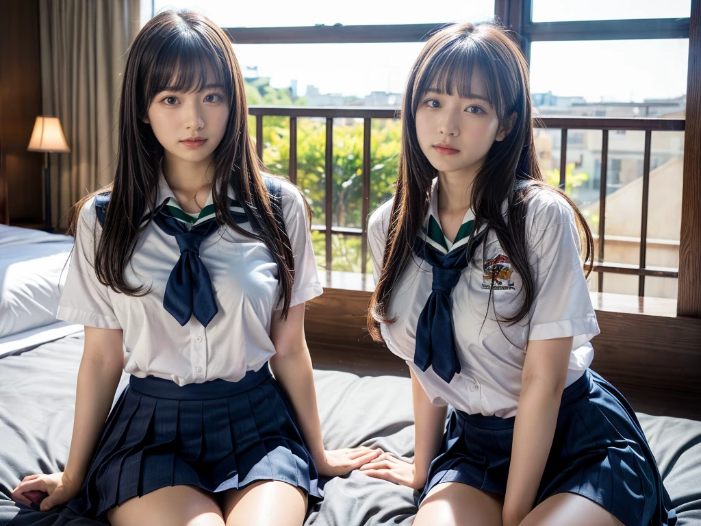 (RAW photo, 4k, masterpiece, high resolution, extremely complex) (realistic: 1.4), cinematic lighting
((2 girls, 2 schoolgirls)),Slam Dunk's,blushing,((innocent)),bright eyes,round eyes,blunt bangs,(straight hair:1.3),black hair,large breasts,wide hips,Summer Noon, ,Hot, (Best Quality), (Highres), (an Extremely Delicate and Beautiful),(Beautiful 8k face),(Brown eyes),short bob hair,( spectators),(gigantic breasts),(Play with each other,Touching each other's bodies,Touching the body),(Japanese high school uniform:1.3),blue skirt,(reality),bright lighting,(The background is a luxury hotel room)