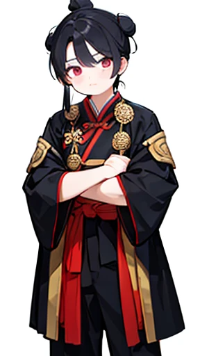Three Kingdoms、Boy in ancient Chinese costume、Intelligent boy、Looking into the camera、There is a topknot on the head.、Hanfu、Black Hair、Standing and posing with arms crossed