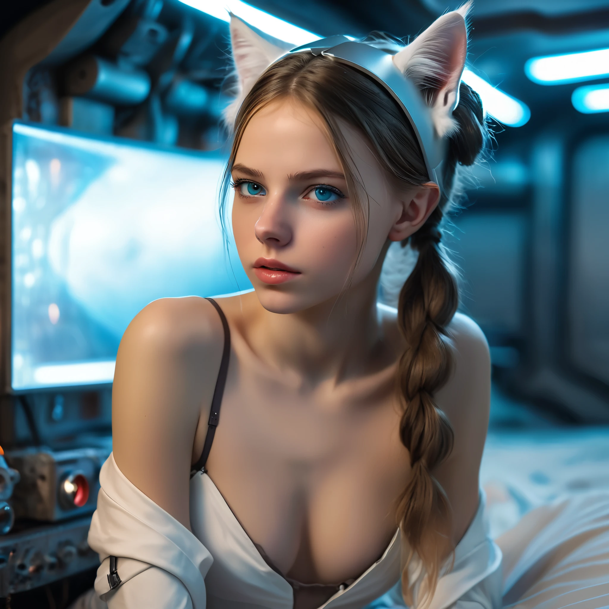 Russian girl,  sitting on a bed,  in a cyberpunk steel bunker with hatches etc.,  in the background. she is wearing white cats ears. She has twintail hairstyle.  girl,  slim ,  small girl,  beautiful breasts. Masterpiece,  8k,  4k,  high resolution,  dslr,  ultra quality,  sharp focus,  tack sharp,  dof,  film grain,  Fujifilm XT3,  crystal clear,  8K UHD,  highly detailed light blue eyes,  high detailed skin,  skin pores,  seductive,   look,  bewitching lady with beautiful long hair,  brown eyes,  full lips,  long legs,  lovely face wearing torn vaultsuit clothes. , realistic colors, realistic, photorealistic nude