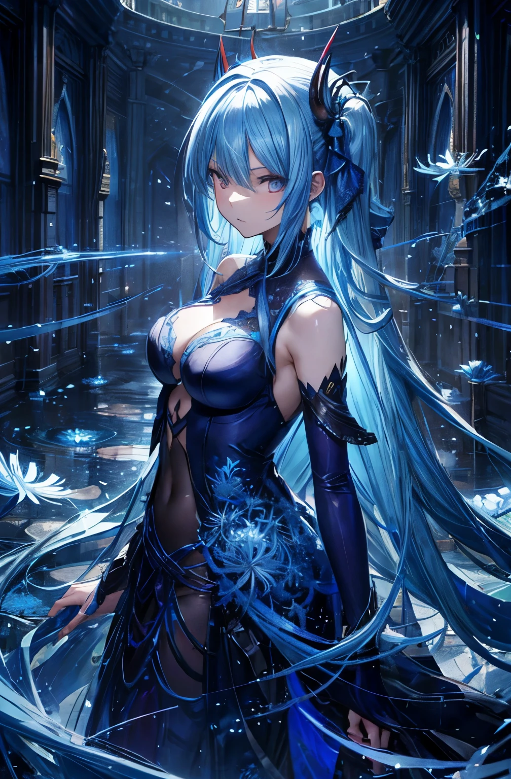 Blue spider lily, demon girl, big body, light blue hair, long hair, side-parted bangs