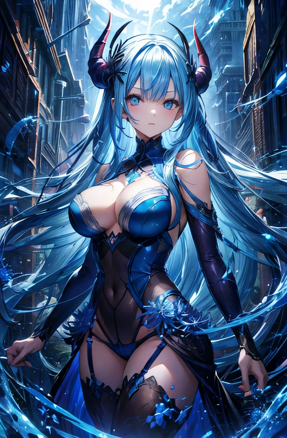 Blue spider lily, demon girl, big body, light blue hair, long hair, side-parted bangs