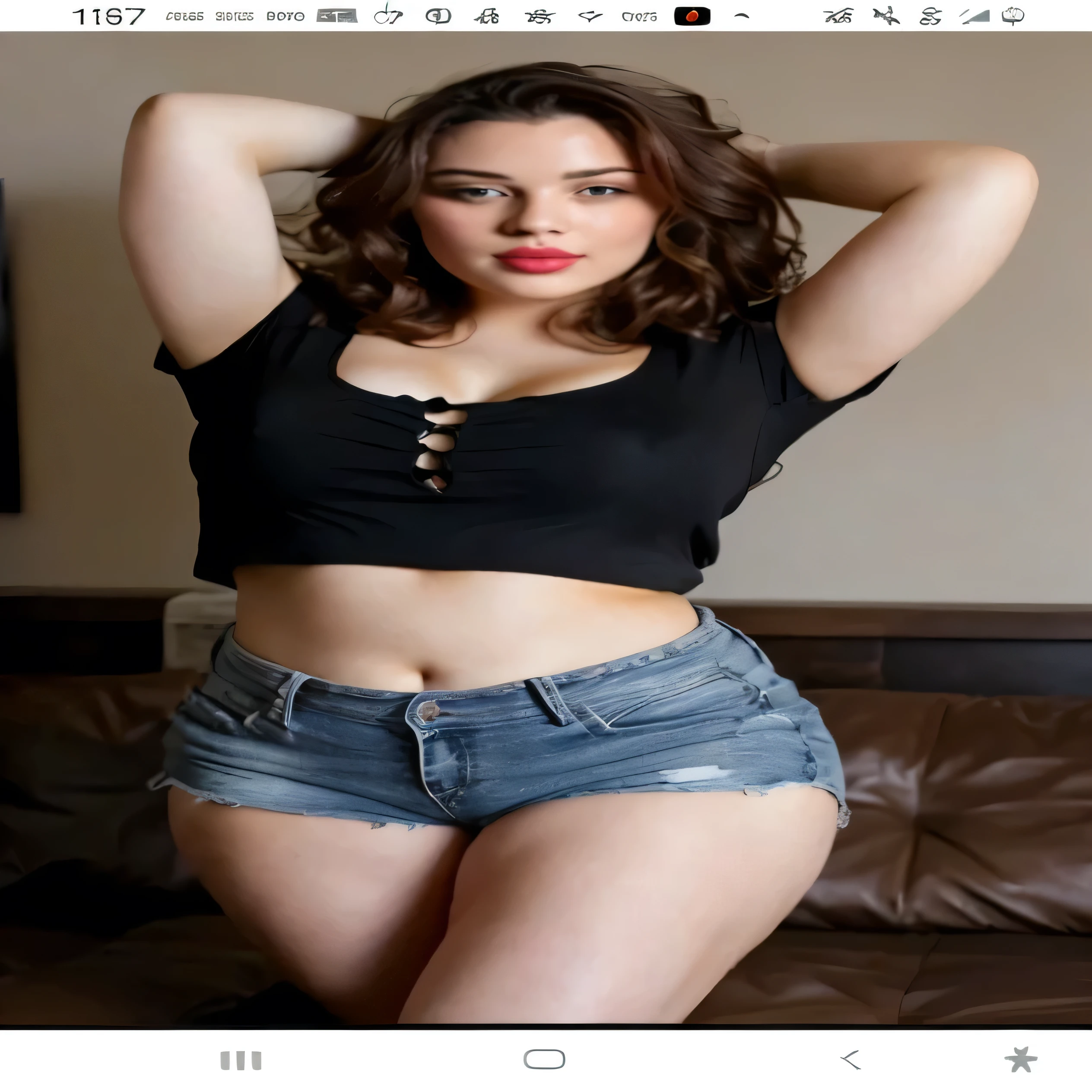 a close up of a woman in a black see through tube top and white stretchy skin tight mini shorts, her belly button is reavled midriff, beautiful midriff, waist - shot, 18 year old female model, belly button showing, belly exposed, middle shot waist up, middle body shot, tinyest midriff ever, exposed thighs!!! Thick body calls out to you, pink lip gloss, lips glossy pink