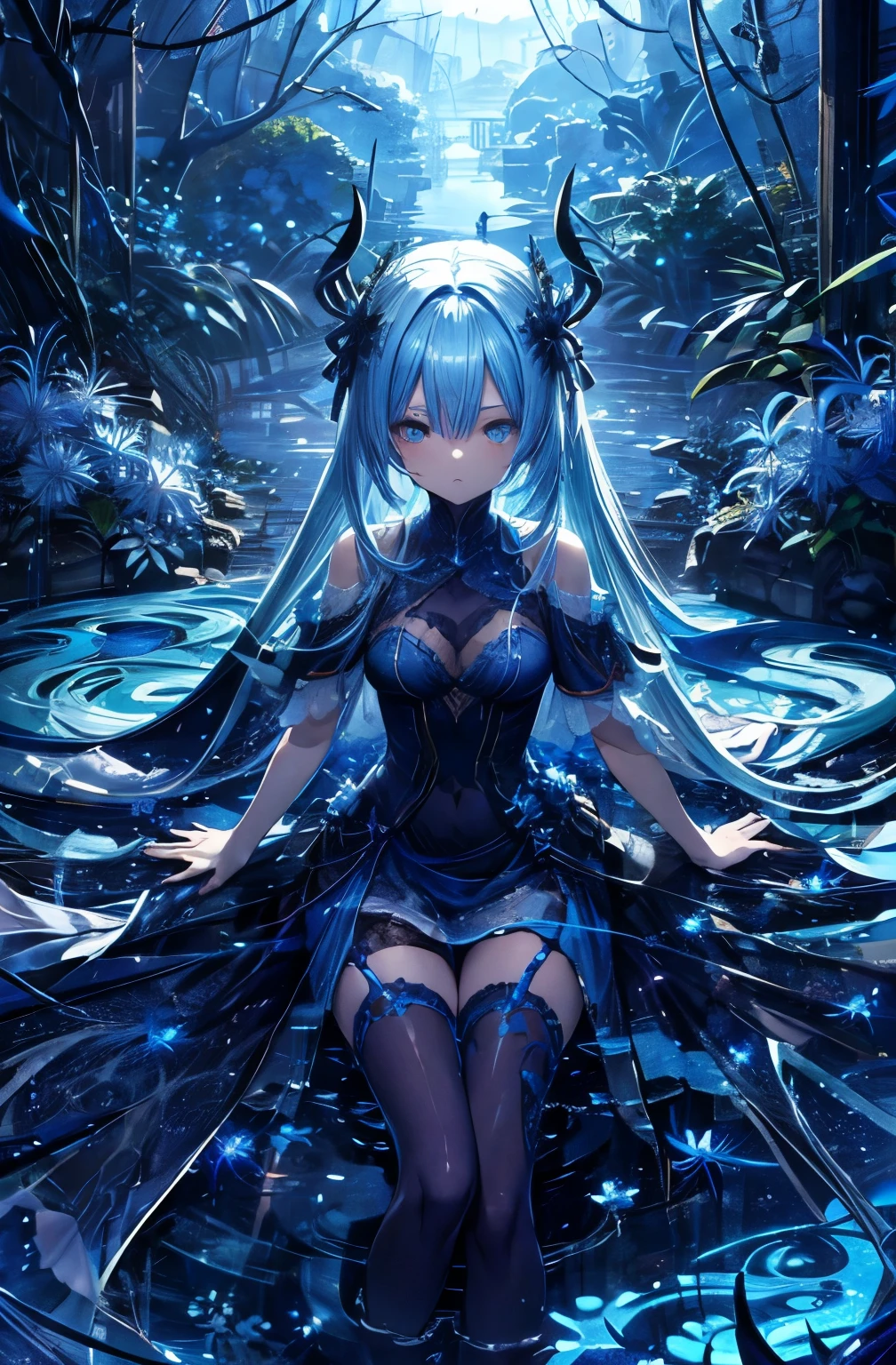 Blue spider lily, demon girl, big body, light blue hair, long hair, side-parted bangs