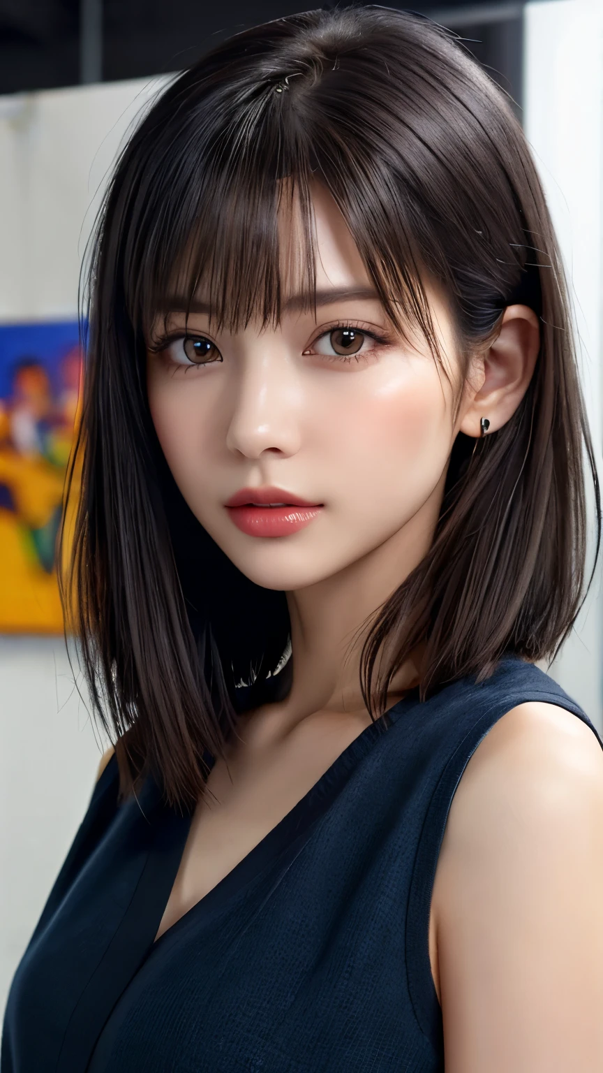 (hig彼st quality、8k、32k、masterpiece)、(Realistic)、(Realistic:1.2)、(High resolution)、((Random composition:1.6)), Very detailed、Very beautiful face and eyes、1 girl、Delicate body、(hig彼st quality、Attention to detail、Rich skin detail)、(hig彼st quality、8k、Oil paints:1.2)、Very detailed、(Realistic、Realistic:1.37)、Bright colors, (Casual Fashion:1.3), Blunt bangs,