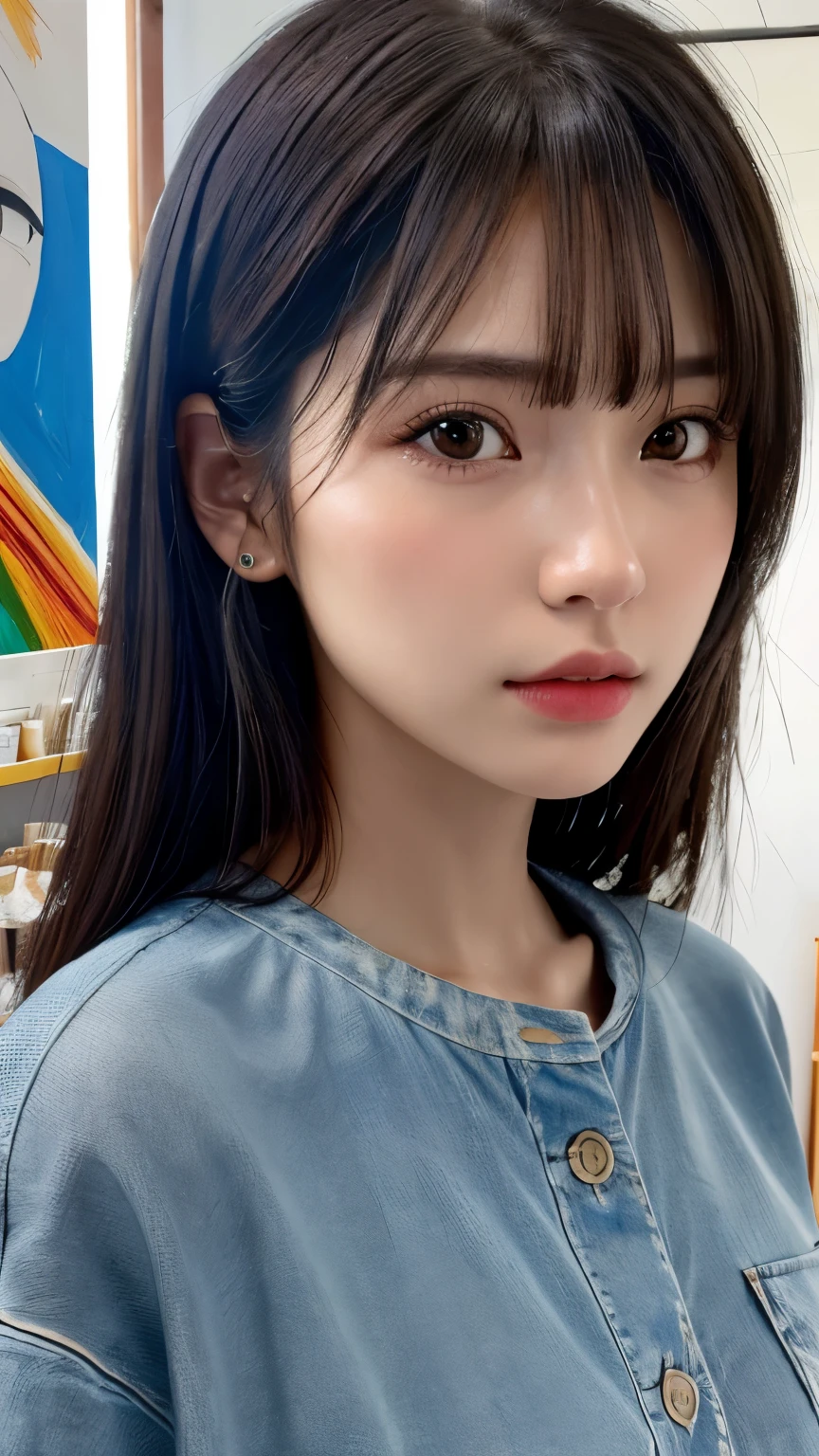(hig彼st quality、8k、32k、masterpiece)、(Realistic)、(Realistic:1.2)、(High resolution)、((Random composition:1.6)), Very detailed、Very beautiful face and eyes、1 girl、Delicate body、(hig彼st quality、Attention to detail、Rich skin detail)、(hig彼st quality、8k、Oil paints:1.2)、Very detailed、(Realistic、Realistic:1.37)、Bright colors, (Casual Fashion:1.3), Blunt bangs,