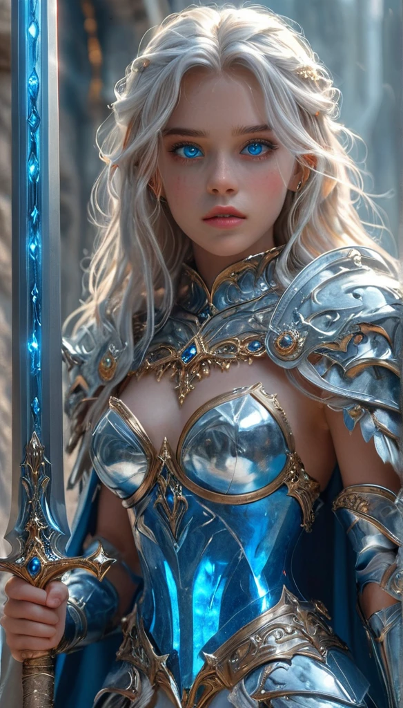 amazing quality, masterpiece, best quality, hyper detailed, ultra detailed, UHD, beautiful girl, perfect anatomy, perfect body, perfect detail face, model, various stylish pose, wearing full body fantastic crystal armor, cape, holding oversized crystal sword, medieval road, (random color:1.4),
long hair, various hairstyles, white hair, blue eyes, glowing eyes,
extremely detailed, front side 