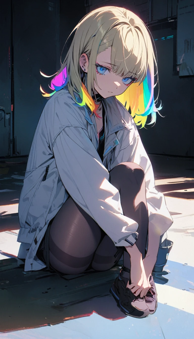 Handsome, lonely, 1 woman, medium hair, blonde, rainbow hair, blue eyes, cyberpunk, tights