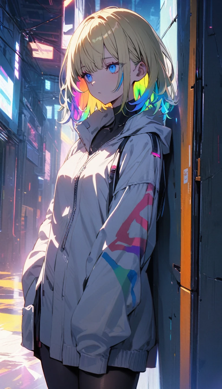 Handsome, lonely, 1 woman, medium hair, blonde, rainbow hair, blue eyes, cyberpunk, tights