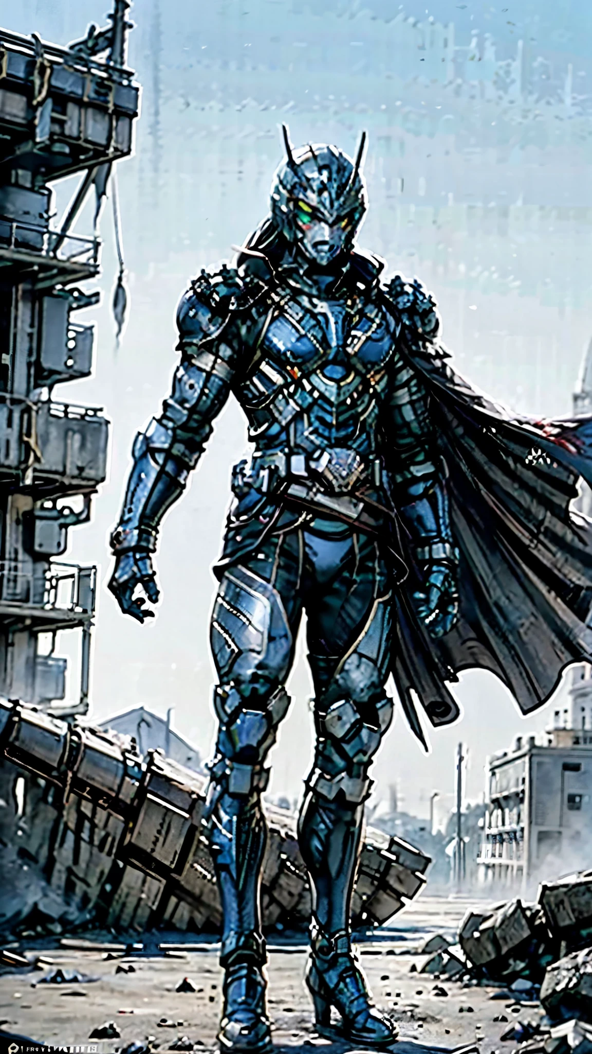 A man wearing a full-face helmet, a fantasy-style biotech armored combat suit, green eyes, (a composite layered chest armor), fully enclosed shoulder guards, matching arm and leg guards, the belt is adorned with fangs biting into gemstone, (the color scheme is primarily blue with black and red accents), the design balances heavy with agility, a high-tech bio-mecha armor, (Armor Concept Inspired by Vampire, the huge cape fluttering in the wind, stand on the top of a skyscraper in a futuristic sci-fi city), this character embodies a finely crafted fantasy-surreal style armored hero in anime style, exquisite and mature manga art style, (battle damage, element, blood, plasma, energy, the armor glows), ((male:1.5)), metallic, real texture material, dramatic, high definition, best quality, highres, ultra-detailed, ultra-fine painting, extremely delicate, professional, perfect body proportions, golden ratio, anatomically correct, symmetrical face, extremely detailed eyes and face, high quality eyes, creativity, RAW photo, UHD, 32k, Natural light, cinematic lighting, masterpiece-anatomy-perfect, masterpiece:1.5