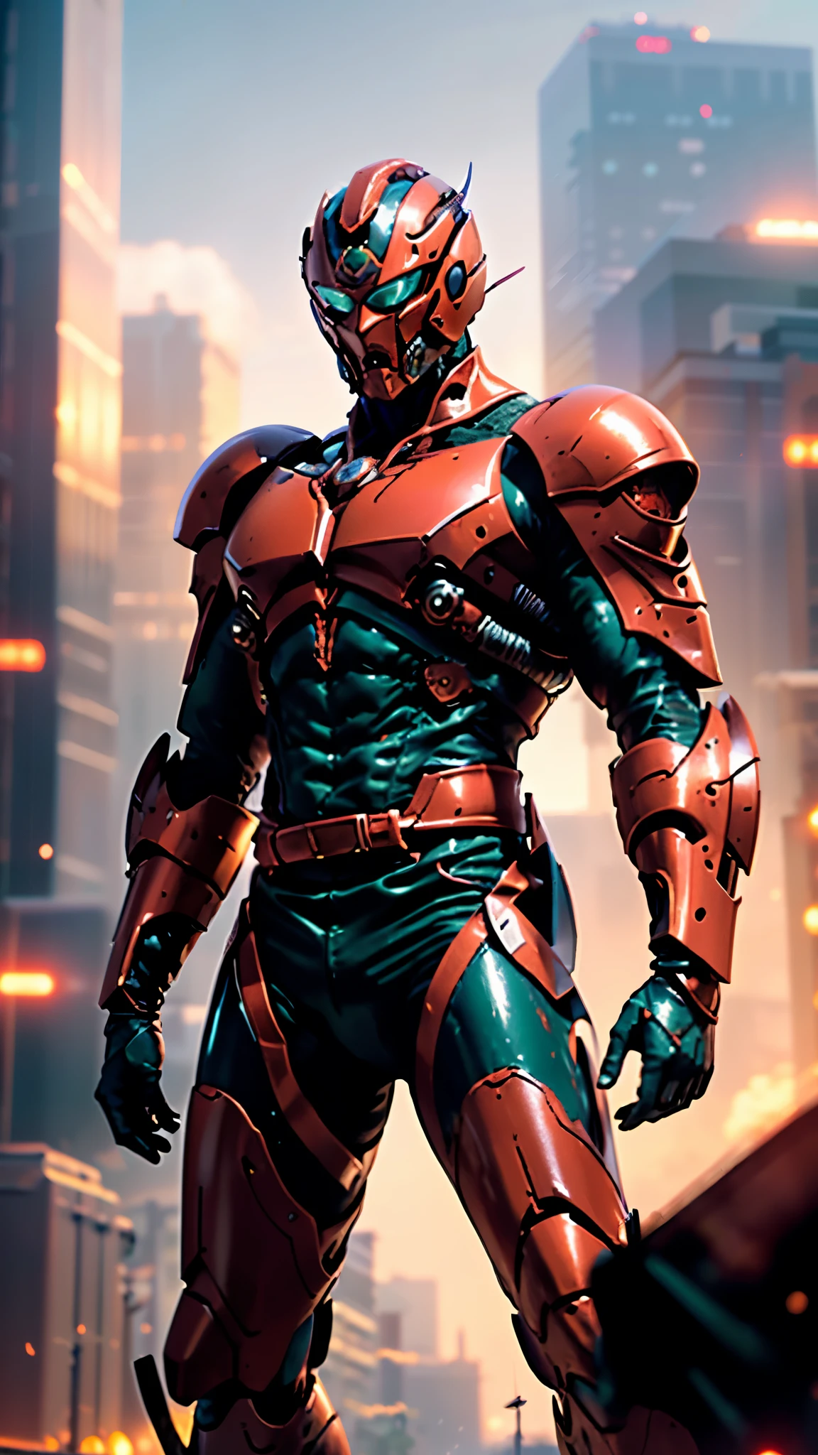 A man wearing a full-face helmet, a fantasy-style biotech armored combat suit, green eyes, (a composite layered chest armor), fully enclosed shoulder guards, matching arm and leg guards, the belt is adorned with fangs biting into gemstone, (the color scheme is primarily blue with black and red accents), the design balances heavy with agility, a high-tech bio-mecha armor, (Armor Concept Inspired by Vampire, the huge cape fluttering in the wind, stand on the top of a skyscraper in a futuristic sci-fi city), this character embodies a finely crafted fantasy-surreal style armored hero in anime style, exquisite and mature manga art style, (battle damage, element, blood, plasma, energy, the armor glows), ((male:1.5)), metallic, real texture material, dramatic, high definition, best quality, highres, ultra-detailed, ultra-fine painting, extremely delicate, professional, perfect body proportions, golden ratio, anatomically correct, symmetrical face, extremely detailed eyes and face, high quality eyes, creativity, RAW photo, UHD, 32k, Natural light, cinematic lighting, masterpiece-anatomy-perfect, masterpiece:1.5