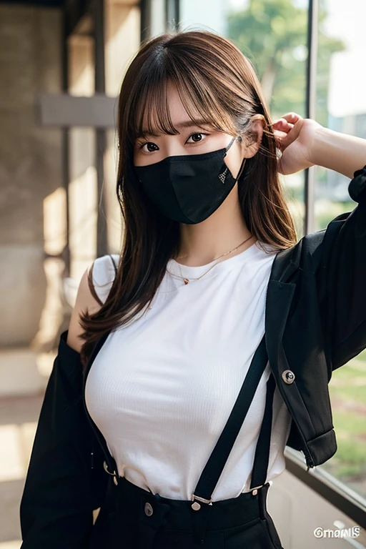 masterpiece、flat-colors、depth of fields、lens flare 1 girl、、Brown hair、watching at viewers black suspenders bulging big breasts Armpit sweat perspiring Side of both hands walls: Black pants, Black jacket chain arma Gaze Small face Bangs Upper Eyes flank masks