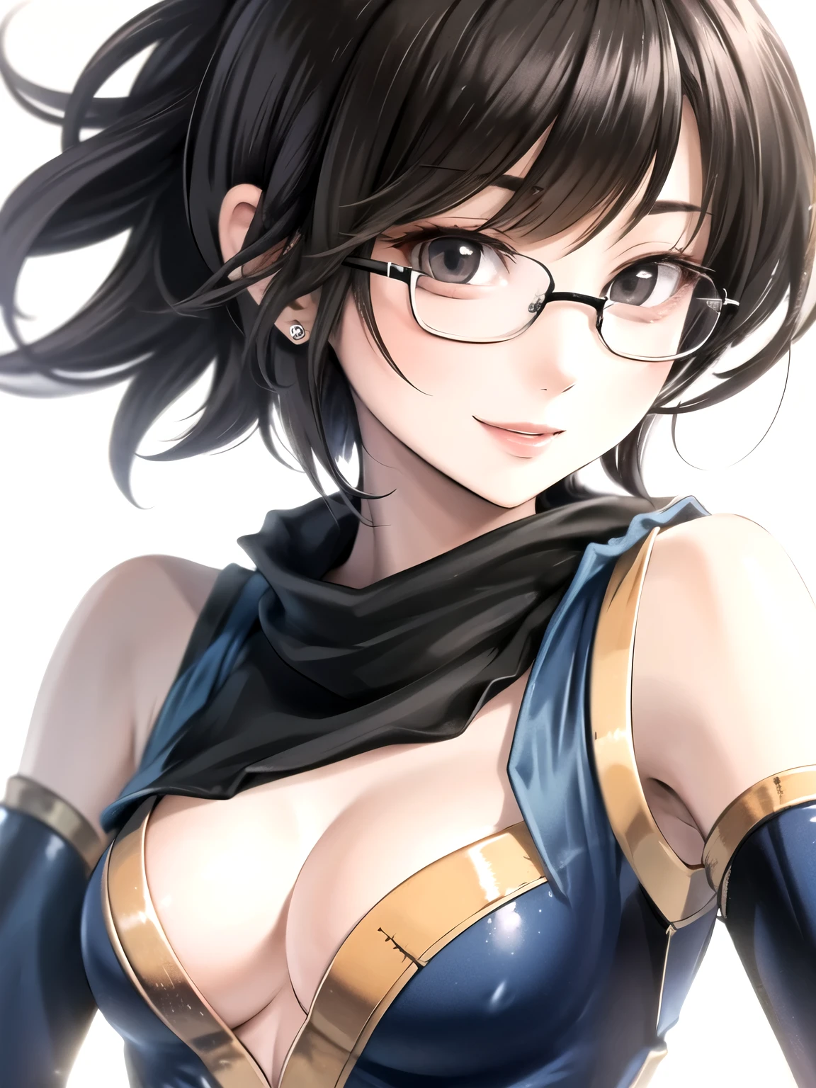 ((best quality)), ((masterpiece)), (detailed), perfect face. Asian girl. Smile. Black hair. Short hair. Black eyes. Glasses. Ninja suit. Small breast.