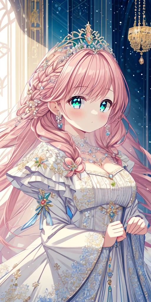 tmasterpiece,Highest high resolution,Beautiful bust of a royal lady,Delicate pink braided hair,Green clear eyes,The hair is covered with beautiful and delicate floral craftsmanship, Crystal jewelry filigree,Ultra-detailed details,upscaled。Soft lighting