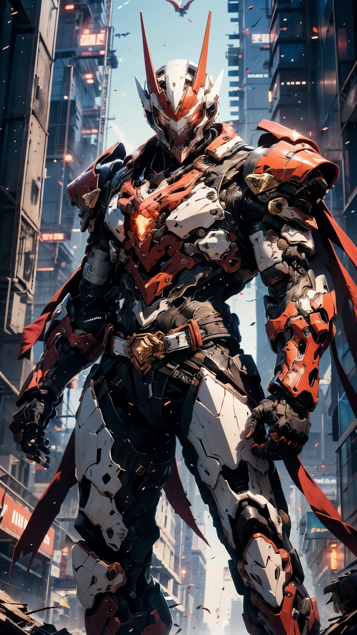 A man wearing a full-face helmet, a fantasy-style biotech armored combat suit, green eyes, (a composite layered chest armor), fully enclosed shoulder guards, matching arm and leg guards, the belt is adorned with fangs biting into gemstone, (the color scheme is primarily blue with black and red accents), the design balances heavy with agility, a high-tech bio-mecha armor, (Armor Concept Inspired by Vampire, the huge cape fluttering in the wind, stand on the top of a skyscraper in a futuristic sci-fi city), this character embodies a finely crafted fantasy-surreal style armored hero in anime style, exquisite and mature manga art style, (battle damage, element, blood, plasma, energy, the armor glows), ((male:1.5)), metallic, real texture material, dramatic, high definition, best quality, highres, ultra-detailed, ultra-fine painting, extremely delicate, professional, perfect body proportions, golden ratio, anatomically correct, symmetrical face, extremely detailed eyes and face, high quality eyes, creativity, RAW photo, UHD, 32k, Natural light, cinematic lighting, masterpiece-anatomy-perfect, masterpiece:1.5