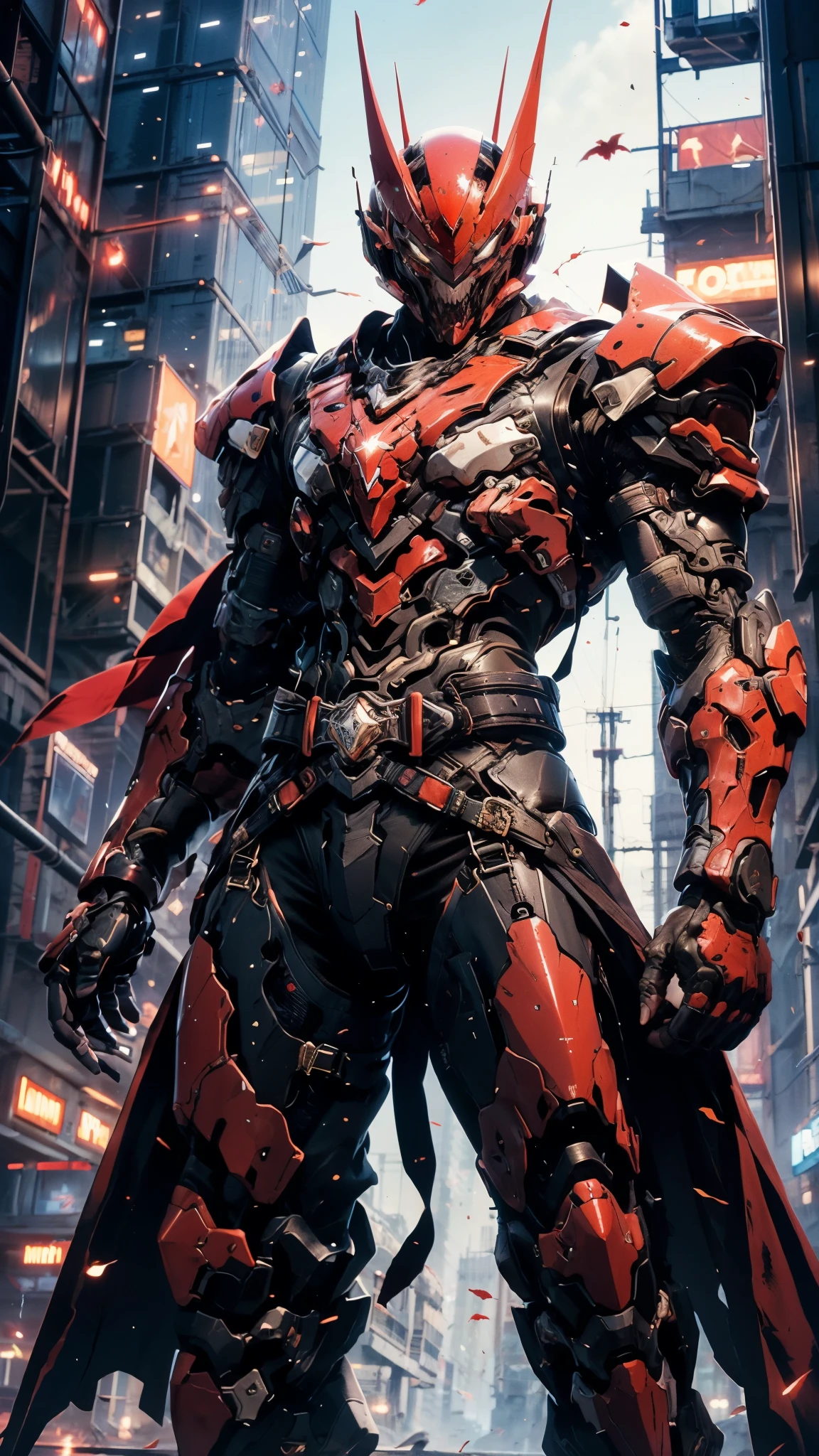 A man wearing a full-face helmet, a fantasy-style biotech armored combat suit, green eyes, (a composite layered chest armor), fully enclosed shoulder guards, matching arm and leg guards, the belt is adorned with fangs biting into gemstone, (the color scheme is primarily blue with black and red accents), the design balances heavy with agility, a high-tech bio-mecha armor, (Armor Concept Inspired by Vampire, the huge cape fluttering in the wind, stand on the top of a skyscraper in a futuristic sci-fi city), this character embodies a finely crafted fantasy-surreal style armored hero in anime style, exquisite and mature manga art style, (battle damage, element, blood, plasma, energy, the armor glows), ((male:1.5)), metallic, real texture material, dramatic, high definition, best quality, highres, ultra-detailed, ultra-fine painting, extremely delicate, professional, perfect body proportions, golden ratio, anatomically correct, symmetrical face, extremely detailed eyes and face, high quality eyes, creativity, RAW photo, UHD, 32k, Natural light, cinematic lighting, masterpiece-anatomy-perfect, masterpiece:1.5