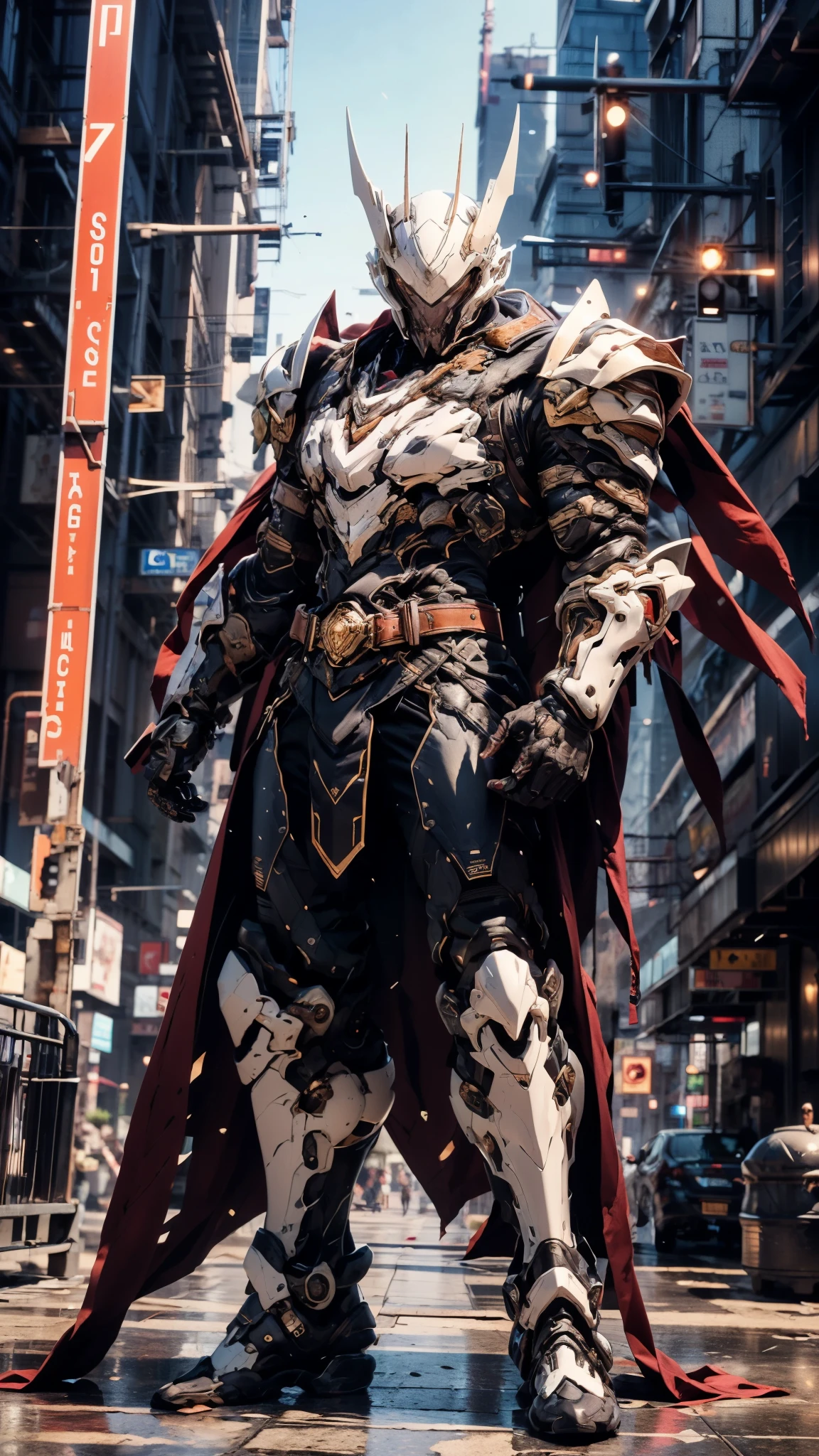 A man wearing a full-face helmet, a fantasy-style biotech armored combat suit, green eyes, (a composite layered chest armor), fully enclosed shoulder guards, matching arm and leg guards, the belt is adorned with fangs biting into gemstone, (the color scheme is primarily blue with black and red accents), the design balances heavy with agility, a high-tech bio-mecha armor, (Armor Concept Inspired by Vampire, the huge cape fluttering in the wind, stand on the top of a skyscraper in a futuristic sci-fi city), this character embodies a finely crafted fantasy-surreal style armored hero in anime style, exquisite and mature manga art style, (battle damage, element, blood, plasma, energy, the armor glows), ((male:1.5)), metallic, real texture material, dramatic, high definition, best quality, highres, ultra-detailed, ultra-fine painting, extremely delicate, professional, perfect body proportions, golden ratio, anatomically correct, symmetrical face, extremely detailed eyes and face, high quality eyes, creativity, RAW photo, UHD, 32k, Natural light, cinematic lighting, masterpiece-anatomy-perfect, masterpiece:1.5