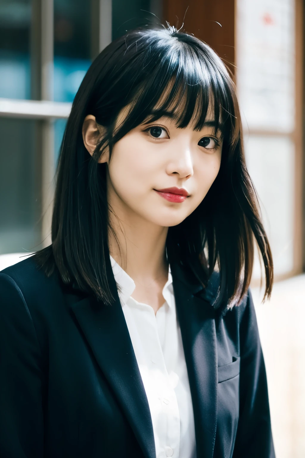 arafed asian woman with long black hair wearing a white blouse, sui ishida with black hair, she has black hair with bangs, shikamimi, black hime cut hair, jaeyeon nam, white hime cut hairstyle, shiori teshirogi, Yoshitomo Nara, kimi takemura, kotegawa yui