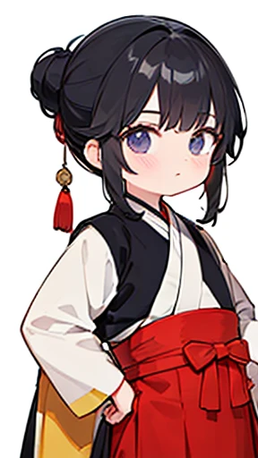 (Hanfu)、Intelligent boy、Looking into the camera、There is a topknot on the head、Hanfu、Black Hair、Stand and pose with one hand on your hip and the other on your back