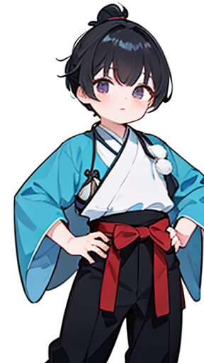 (Hanfu)、Intelligent boy、Looking into the camera、There is a topknot on the head、Hanfu、Black Hair、Stand and pose with one hand on your hip and the other on your back