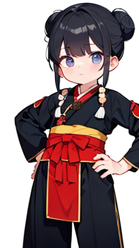 (Hanfu)、Intelligent boy、Looking into the camera、There is a topknot on the head、Hanfu、Black Hair、Stand and pose with one hand on your hip and the other on your back