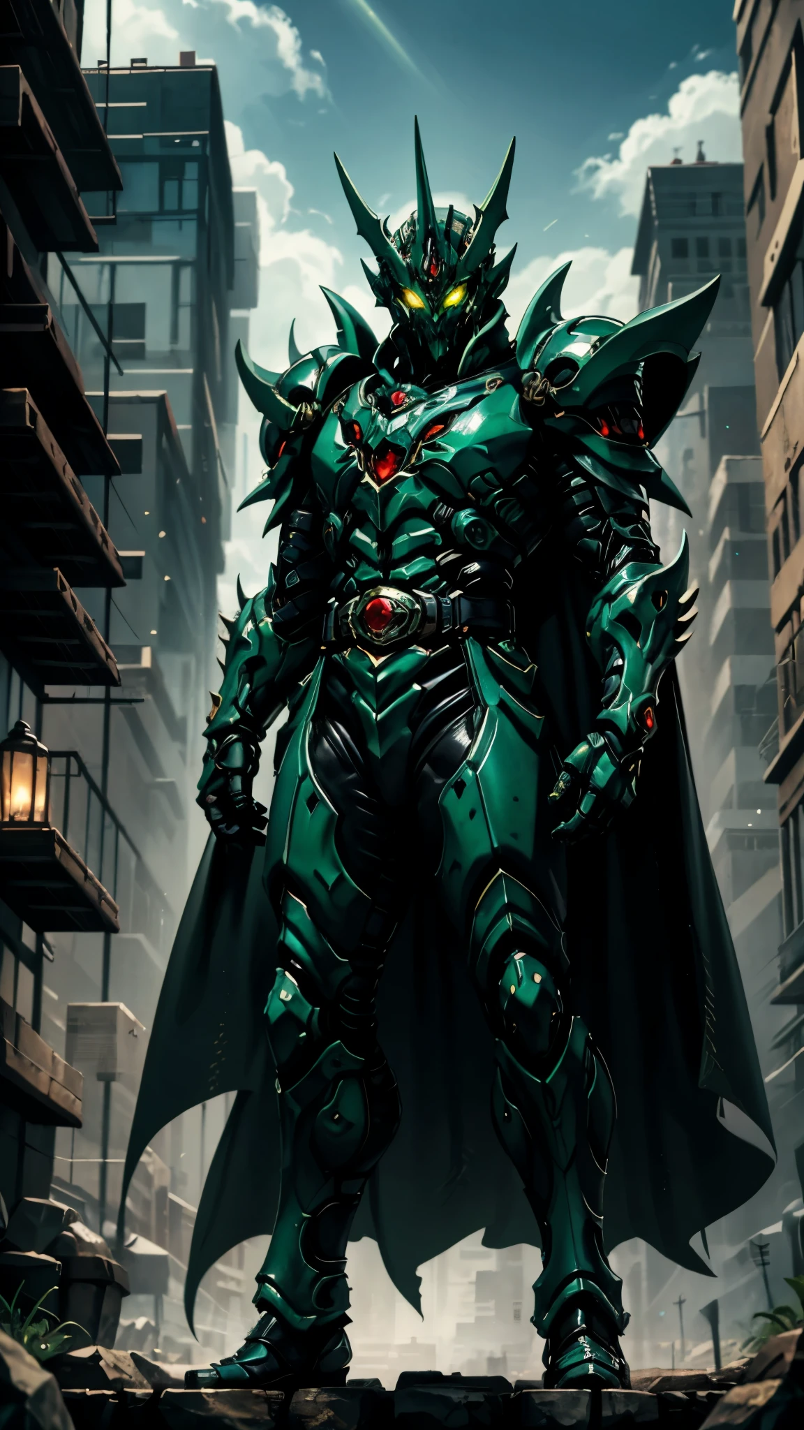 A man wearing a full-face helmet, a fantasy-style biotech armored combat suit, green eyes, (a composite layered chest armor), fully enclosed shoulder guards, matching arm and leg guards, the belt is adorned with fangs biting into gemstone, (the color scheme is primarily blue with black and red accents), the design balances heavy with agility, a high-tech bio-mecha armor, (Armor Concept Inspired by Vampire, the huge cape fluttering in the wind, stand on the top of a skyscraper in a futuristic sci-fi city), this character embodies a finely crafted fantasy-surreal style armored hero in anime style, exquisite and mature manga art style, (battle damage, element, blood, plasma, energy, the armor glows), ((male:1.5)), metallic, real texture material, dramatic, high definition, best quality, highres, ultra-detailed, ultra-fine painting, extremely delicate, professional, perfect body proportions, golden ratio, anatomically correct, symmetrical face, extremely detailed eyes and face, high quality eyes, creativity, RAW photo, UHD, 32k, Natural light, cinematic lighting, masterpiece-anatomy-perfect, masterpiece:1.5