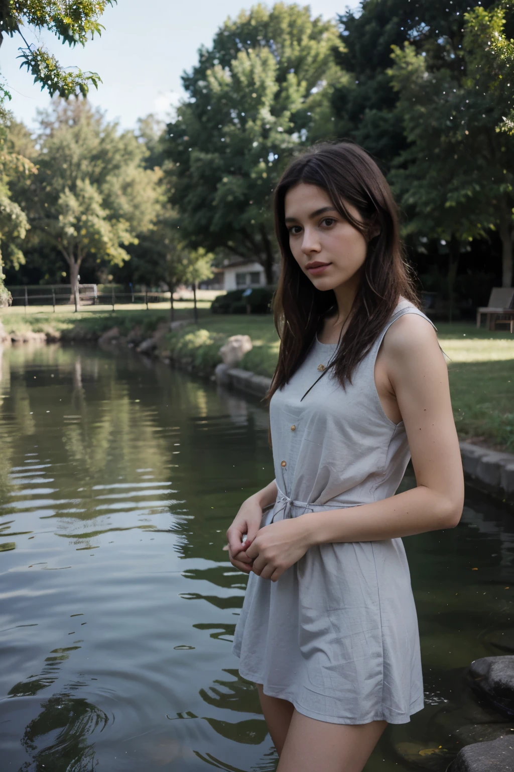 Chica, vestido gris, trees. Gente, reflejos en agua. Luna 