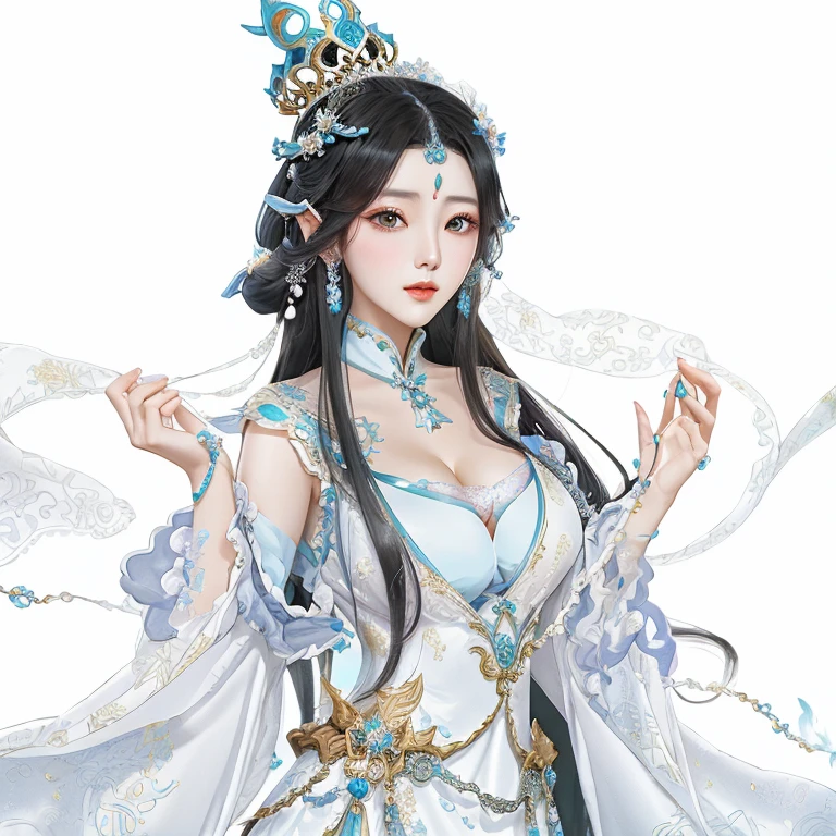 Anime girl with long black hair wearing white dress and blue dress, beautiful fantasy queen, ((beautiful fantasy queen)), full-body xianxia, Inspired by Lan Ying, heise jinyao, palace , Girl wearing Hanfu, (((Large Breasts、Low-cut,Cleavage, Wide hips,)))((Long legs)),Hourglass figure))Queen of the Sea Mu Yanling, Beautiful and elegant elf queen, Inspired by trees, yun ling
