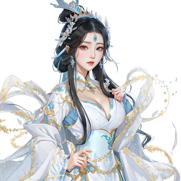 Anime girl with long black hair wearing white dress and blue dress, beautiful fantasy queen, ((beautiful fantasy queen)), full-body xianxia, Inspired by Lan Ying, heise jinyao, palace ， Girl wearing Hanfu, (((Large Breasts、Low-cut，Cleavage, Wide hips,)))((Long legs)),Hourglass figure))Queen of the Sea Mu Yanling, Beautiful and elegant elf queen, Inspired by trees, yun ling