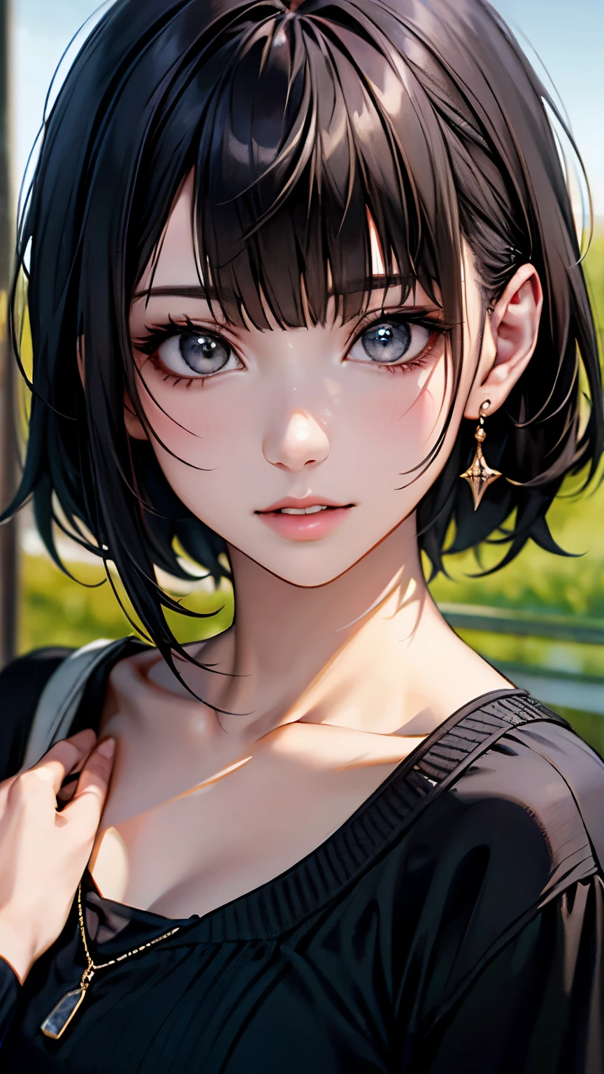 (hig彼st quality、8k、32k、masterpiece)、(Realistic)、(Realistic:1.2)、(High resolution)、((Random composition:1.6)), Very detailed、Very beautiful face and eyes、1 girl、Delicate body、(hig彼st quality、Attention to detail、Rich skin detail)、(hig彼st quality、8k、Oil paints:1.2)、Very detailed、(Realistic、Realistic:1.37)、Bright colors, (Casual Fashion:1.3), Blunt bangs,