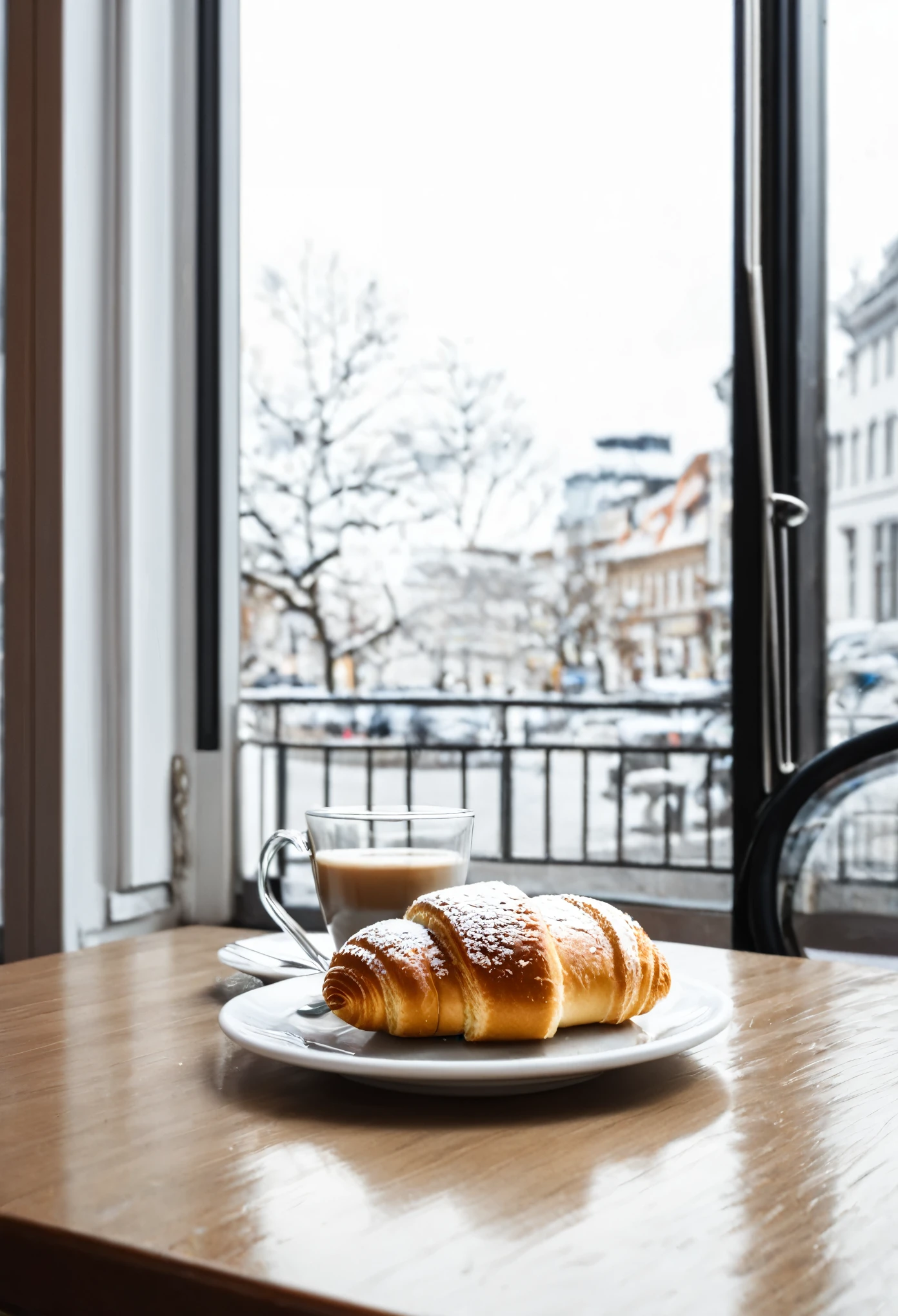 croissant on table near window in a coffee shop, photography