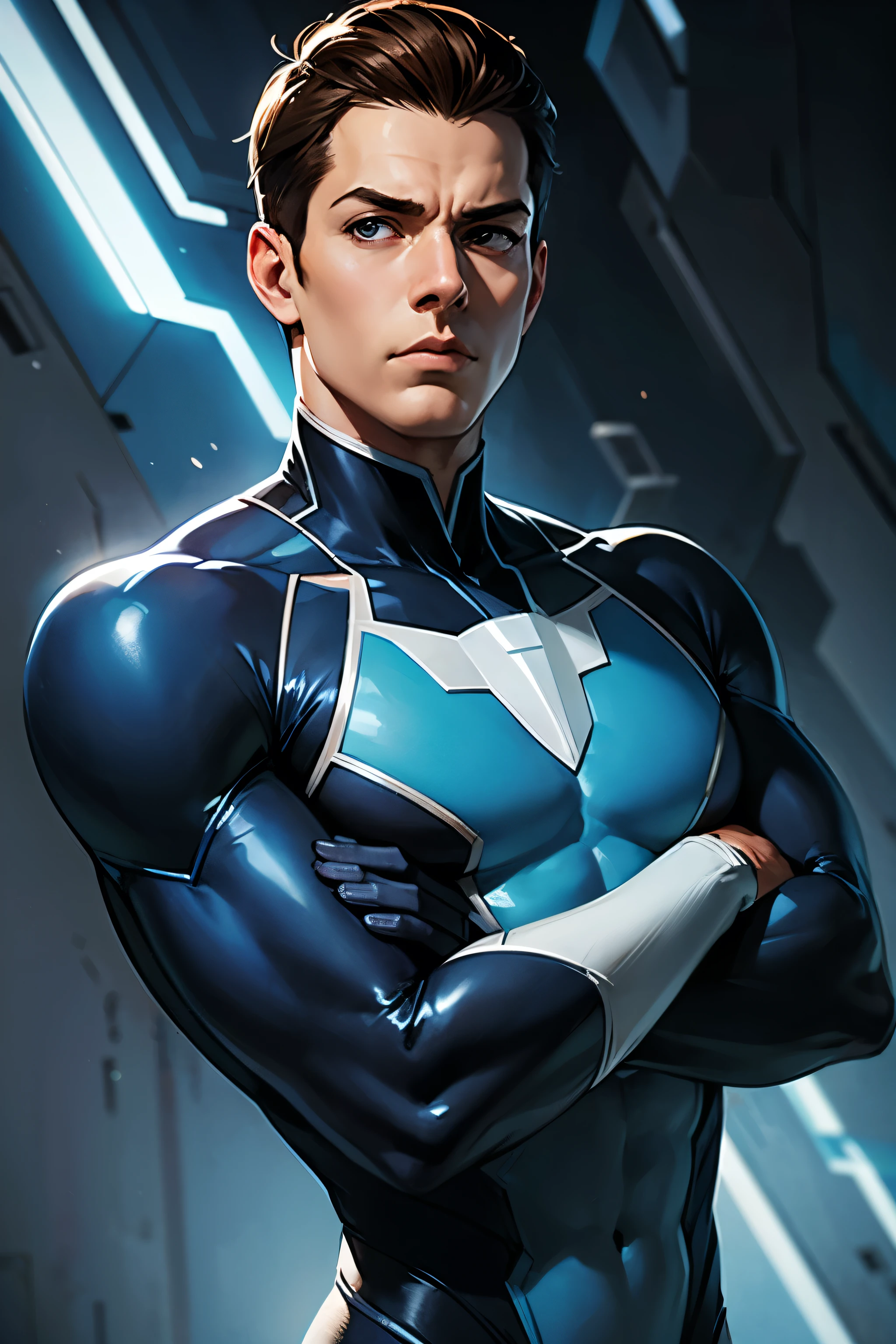 (masterpiece:1.2, best quality:1.2, extremely delicate:1.2), ((male:1.5)), a mature man with short, slightly curly brown hair, a well-defined face, intense eyes, a thoughtful expression, brown skin, tall and athletic build, a futuristic fantasy-style blue and black short-sleeved tight-fitting wetsuit, matching trousers, wrist guards, he sits leisurely on a seaside rock, this character embodies a finely crafted futuristic fantasy-style swimmer in anime style, exquisite and mature manga art style, dramatic, high definition, highres, ultra-detailed, ultra-fine painting, professional, perfect body proportions, golden ratio, anatomically correct, symmetrical face, extremely detailed eyes and face, high quality eyes, creativity, RAW photo, UHD, 32k, Natural light, cinematic lighting, (masterpiece-anatomy-perfect:1.2)