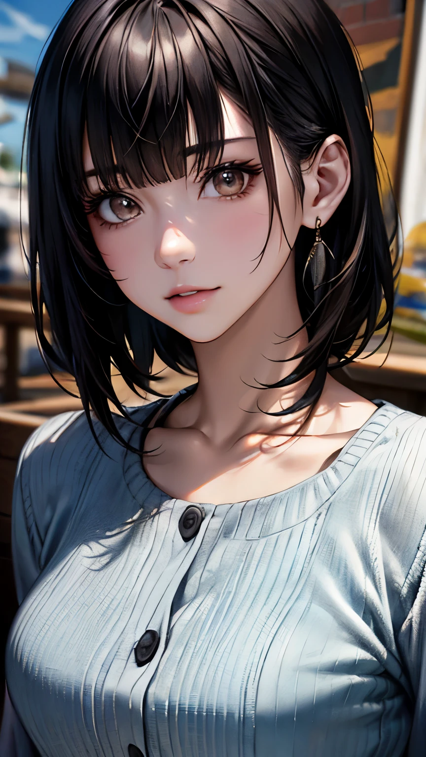 (hig彼st quality、8k、32k、masterpiece)、(Realistic)、(Realistic:1.2)、(High resolution)、((Random composition:1.6)), Very detailed、Very beautiful face and eyes、1 girl、Delicate body、(hig彼st quality、Attention to detail、Rich skin detail)、(hig彼st quality、8k、Oil paints:1.2)、Very detailed、(Realistic、Realistic:1.37)、Bright colors, (Casual Fashion:1.3), Blunt bangs,