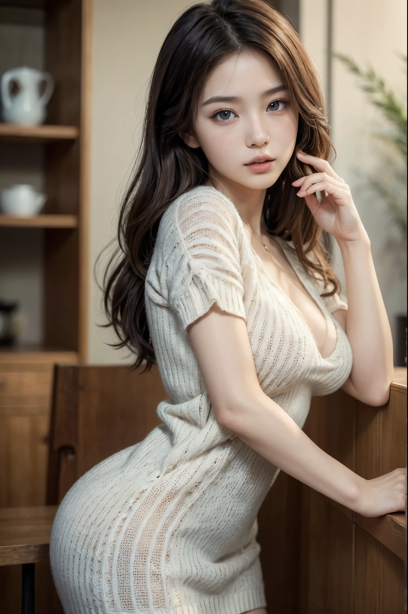 (masterpiece, highest quality, Realistic, High resolution, photograph, :1.3), Sharp focus, 1 Cute Japanese Girl, Hot Model, Highly detailed eyes and pupils, Realistic Skin, Slim figure, Neckline, Highly detailed hair, Delicate face, Sensual look, Bright lips, Natural Lip, ((sexy knit dress)), indoor, ((whole body shot)), looking back, booty pose,