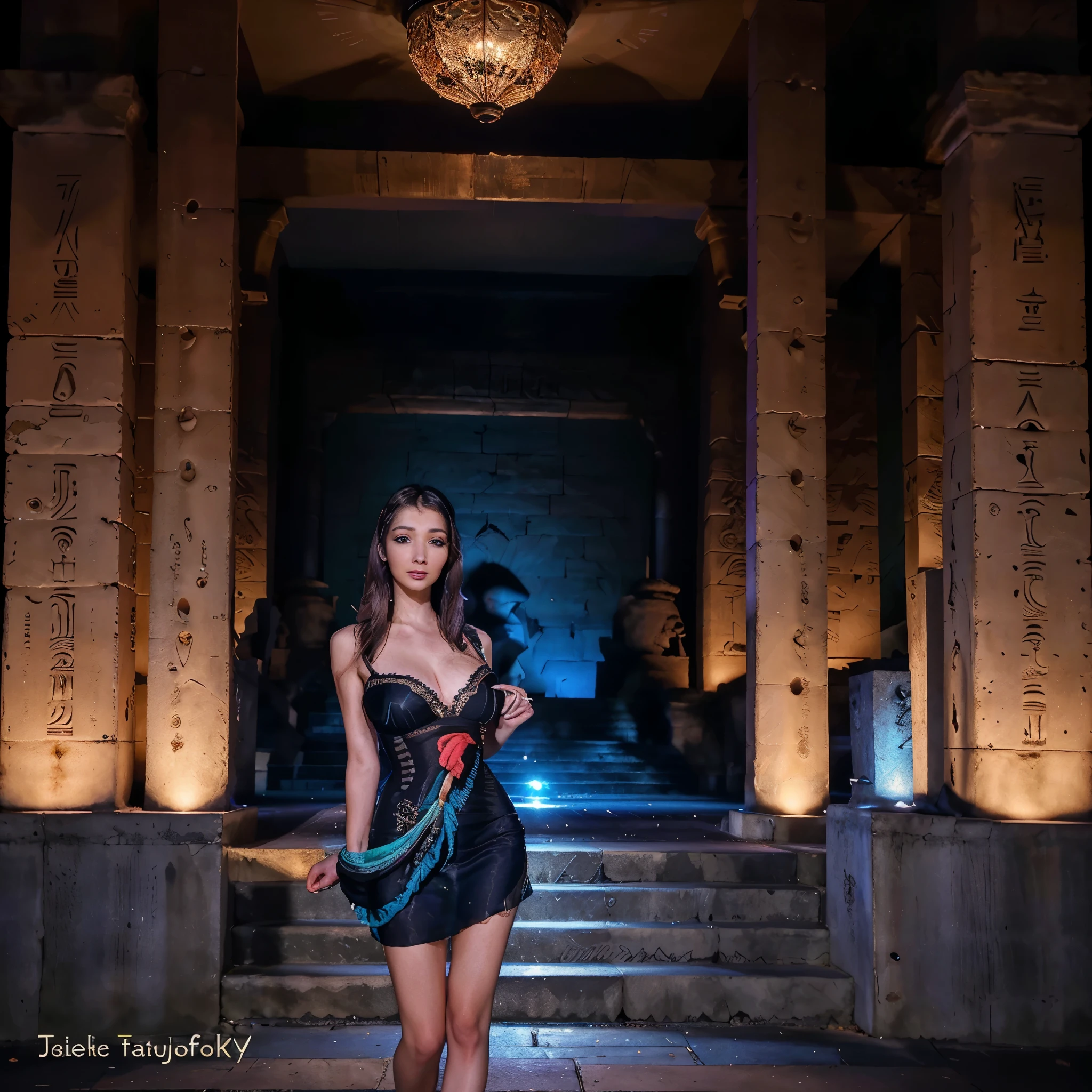 A beautiful woman in a sheer, flowing dress, seductive gaze and graceful movements, not shy, standing in front of an ancient Egyptian temple at night, beckoning the viewer to join her, highly detailed, 8K, photorealistic, dramatic lighting, vibrant colors, intricate architectural details, mystical atmosphere, (best quality, 8K, highly detailed, photorealistic, dramatic lighting, vibrant colors:1.2), (extremely detailed face and eyes, detailed facial features, long eyelashes:1.3), (beautiful woman, elegant dress, graceful pose:1.2), ancient Egyptian temple, night scene, mystical, dramatic