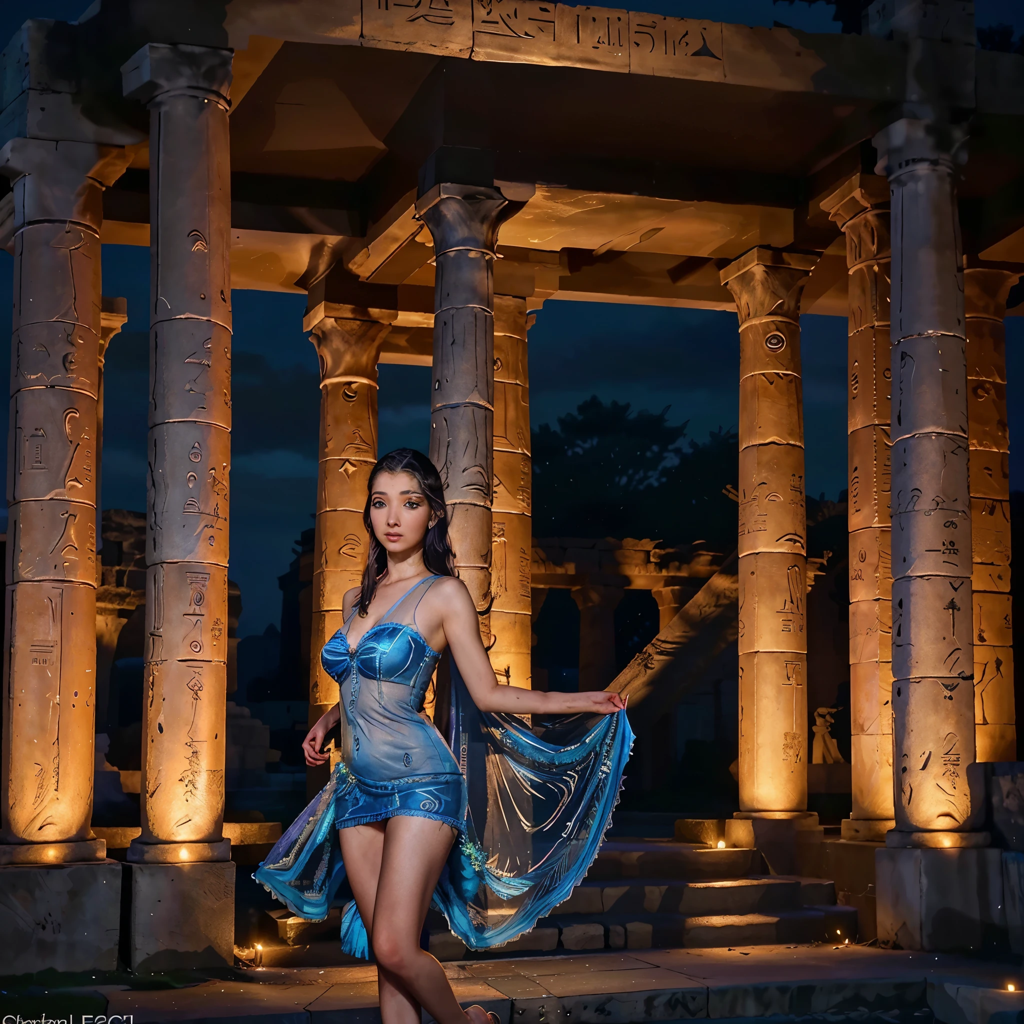 A beautiful woman in a sheer, flowing dress, seductive gaze and graceful movements, not shy, standing in front of an ancient Egyptian temple at night, beckoning the viewer to join her, highly detailed, 8K, photorealistic, dramatic lighting, vibrant colors, intricate architectural details, mystical atmosphere, (best quality, 8K, highly detailed, photorealistic, dramatic lighting, vibrant colors:1.2), (extremely detailed face and eyes, detailed facial features, long eyelashes:1.3), (beautiful woman, elegant dress, graceful pose:1.2), ancient Egyptian temple, night scene, mystical, dramatic