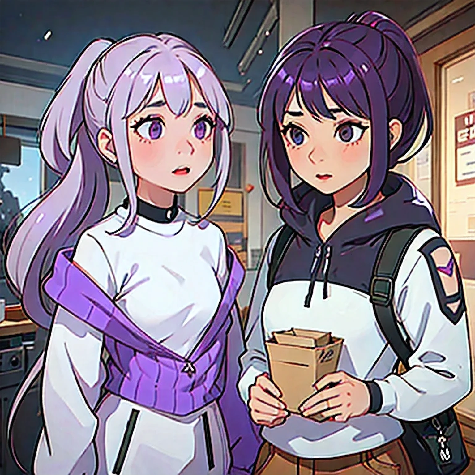 Clay effect,(((2 girls)))Purple and white hair，Double ponytail，