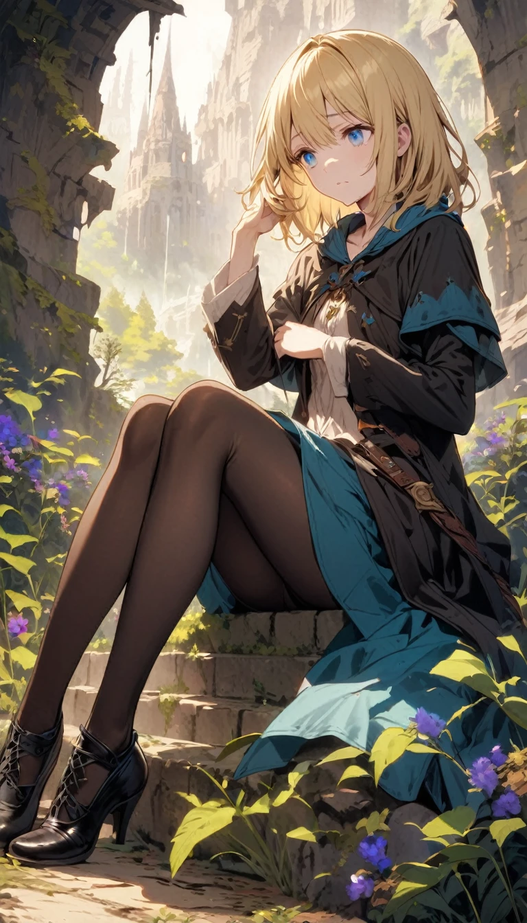 Handsome, lonely, 1 woman, wizard, medium hair, blonde hair, blue eyes, fantasy, tights