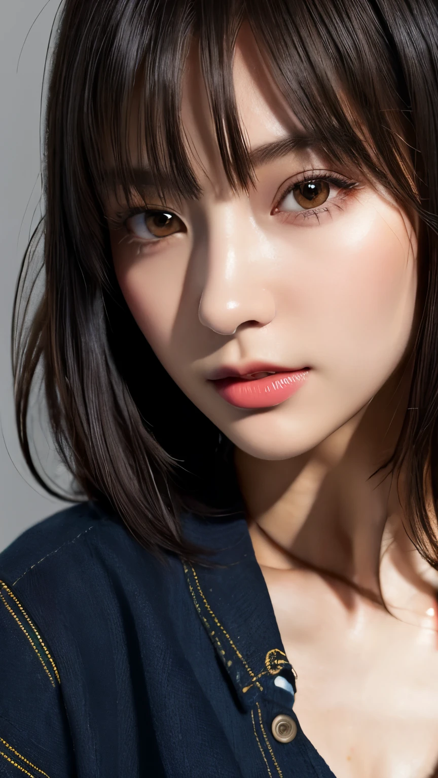 (hig彼st quality、8k、32k、masterpiece)、(Realistic)、(Realistic:1.2)、(High resolution)、((Random composition:1.6)), Very detailed、Very beautiful face and eyes、1 girl、Delicate body、(hig彼st quality、Attention to detail、Rich skin detail)、(hig彼st quality、8k、Oil paints:1.2)、Very detailed、(Realistic、Realistic:1.37)、Bright colors, (Casual Fashion:1.3), Blunt bangs,
