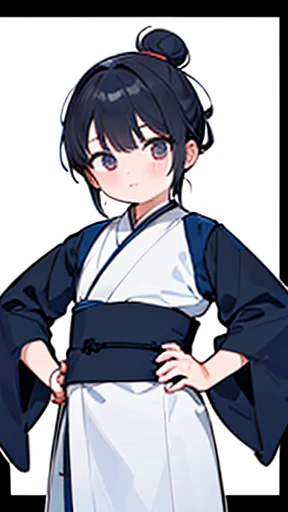 (Hanfu)、Intelligent boy、Looking into the camera、A boy with a topknot on his head、Hanfu、Black Hair、Stand and pose with one hand on your hip and the other on your back