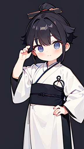 (Hanfu)、Intelligent boy、Looking into the camera、A boy with a topknot on his head、Hanfu、Black Hair、Stand and pose with one hand on your hip and the other on your back