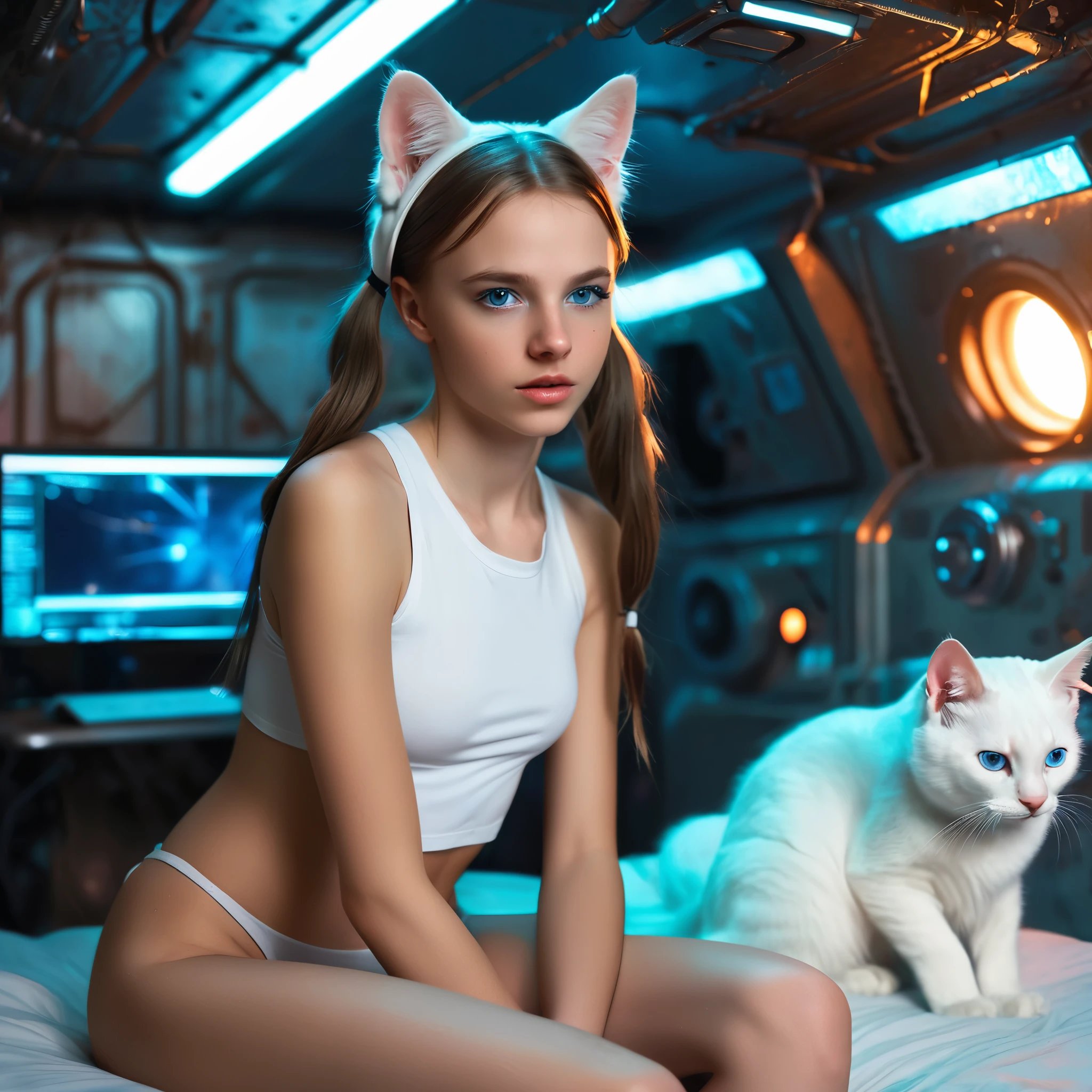 Russian girl,  sitting on a bed,  in a cyberpunk steel bunker with hatches etc.,  in the background. she is wearing white cats ears. She has twintail hairstyle.  girl,  slim ,  small girl, tiful breasts. Masterpiece,  8k,  4k,  high resolution,  dslr,  ultra quality,  sharp focus,  tack sharp,  dof,  film grain,  Fujifilm XT3,  crystal clear,  8K UHD,  highly detailed light blue eyes,  high detailed skin,  skin pores,  seductive,   look,  bewitching lady with beautiful long hair,  brown eyes,  full lips,  long legs,  lovely face wearing torn vaultsuit clothes. , realistic colors, realistic, photorealistic nude naked nude no clothes no pants nudity naked pussy tittys