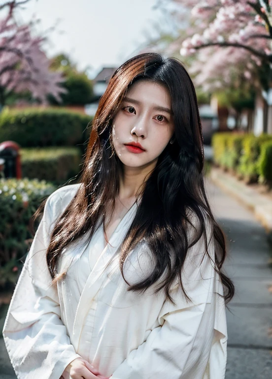 cat girl, Korean girl, 19 years old, beautiful girl, long hair, black hair, realistically, Highly detailed, white kimono, Blue Hakama,  The wind is blowing, cherry blossom petals falling