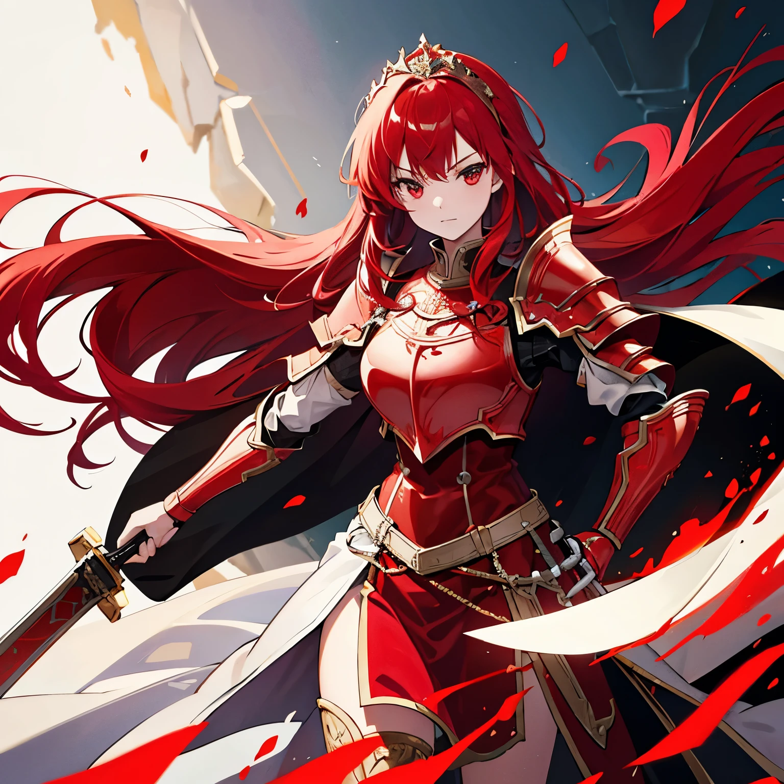 Red hair girl wearing red colour full plate armour with long sword on one hand with Tiara on head and combat skirt 