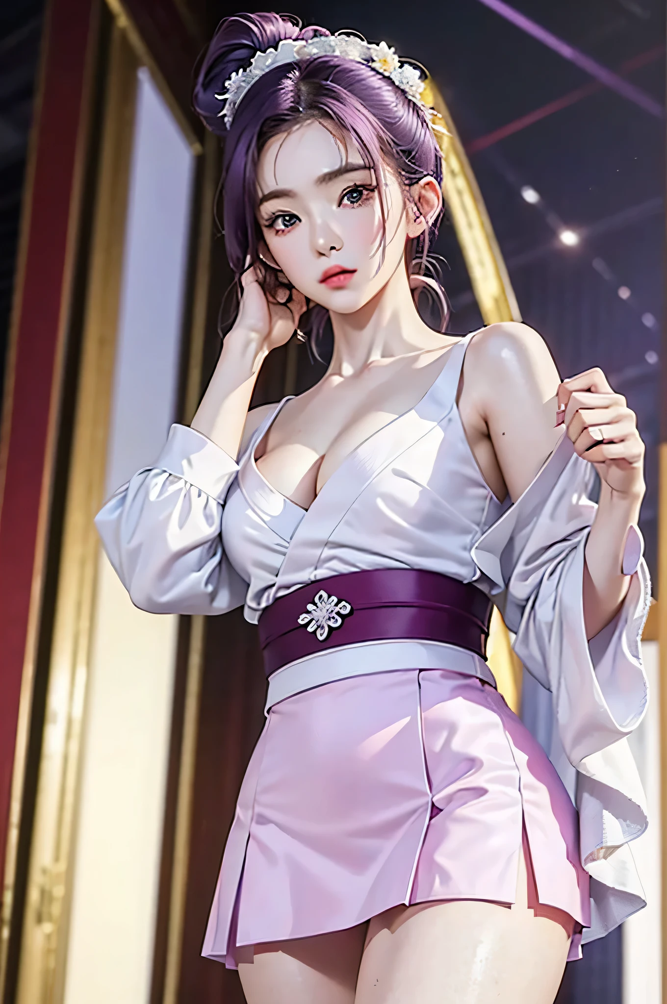 (Finest quality)),(A high resolution),(ultra-detailed art),(Meticulous portrayal),((Best Anime)),(Finest works of 

art),sharpness,Clear,Ultra-Precision Art,The art of astounding depiction,(masterpiece),

short Hair ponytail, short ponytail, purple hair, vibrant purple hair, extremely detailed hair, detailed bangs, with bangs, 
pretty face, beautiful lips, soft lips,pretty face, close up face,serious face, pretty nose, beautiful nose,
pretty eyes, beautiful eyes, detailed eyes, perfect eyes, green eyes,


clear skin,white skin, soft skin,  small bust, smooth skin,
korean girl, korean beauty, irene, red velvet irene, 
purple skirt, detailed skirt, mini skirt, female samurai clothes, female samurai top, ronin clothes, japanese robe covering arms, show cleavage,



cool pose, full body, detailed thighs, detailed legs,
super low-angle shot, no background,looking at camera,

